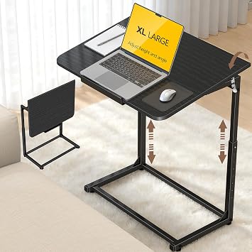 Extra Large Heavy Duty TV Tray Table, 23.6" Folding C-Shaped Laptop Desk for Couch & Bed, Height & Tilt Adjustable Overbed End Table with Phone/Tablet Slot, Easy Clean Black Finish for Small Spaces