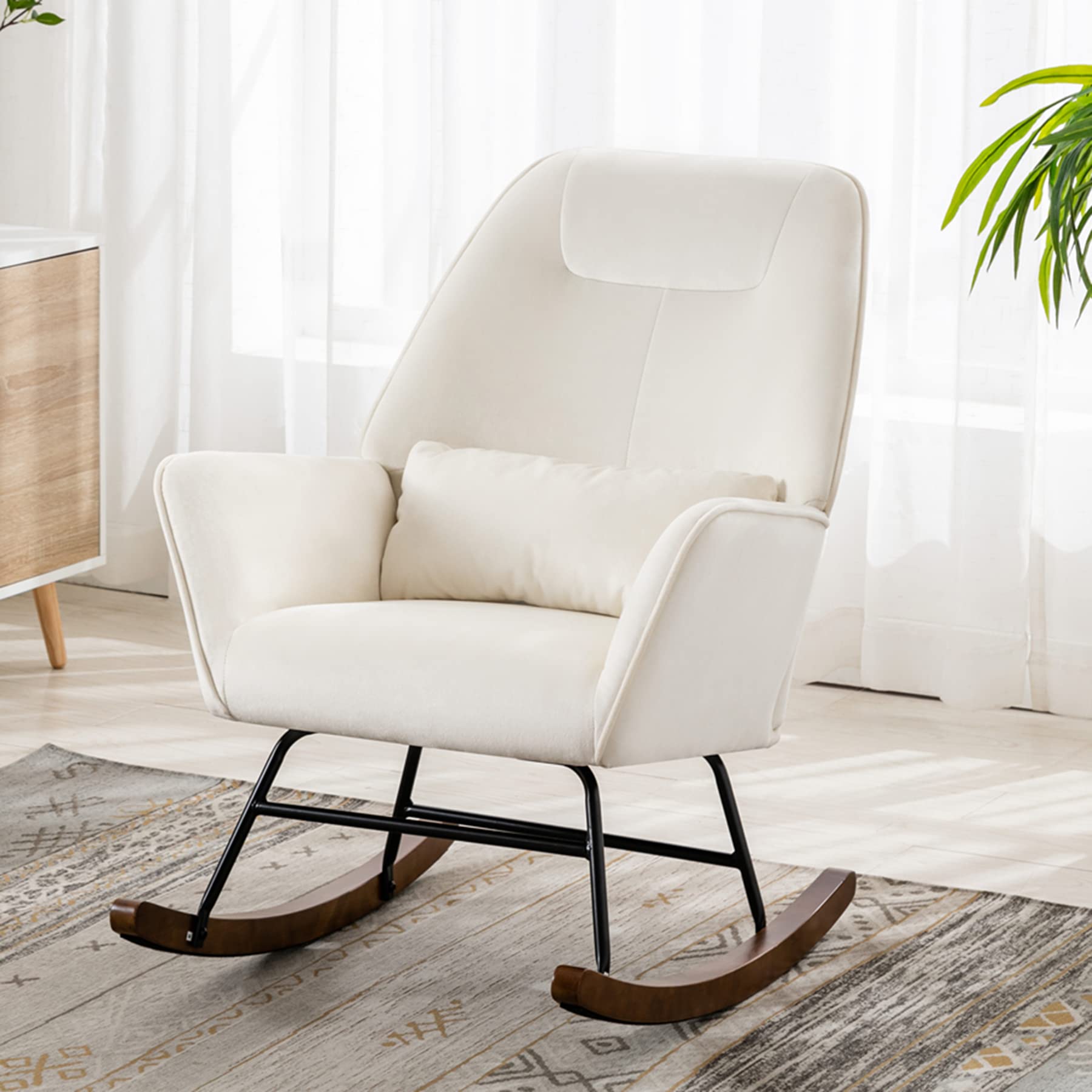Fauteuil à bascule en velours Teddy Blanc crème, chaise à bascule avec Fauteuil à bascule en velours Teddy Blanc crème, chaise à bascule avec