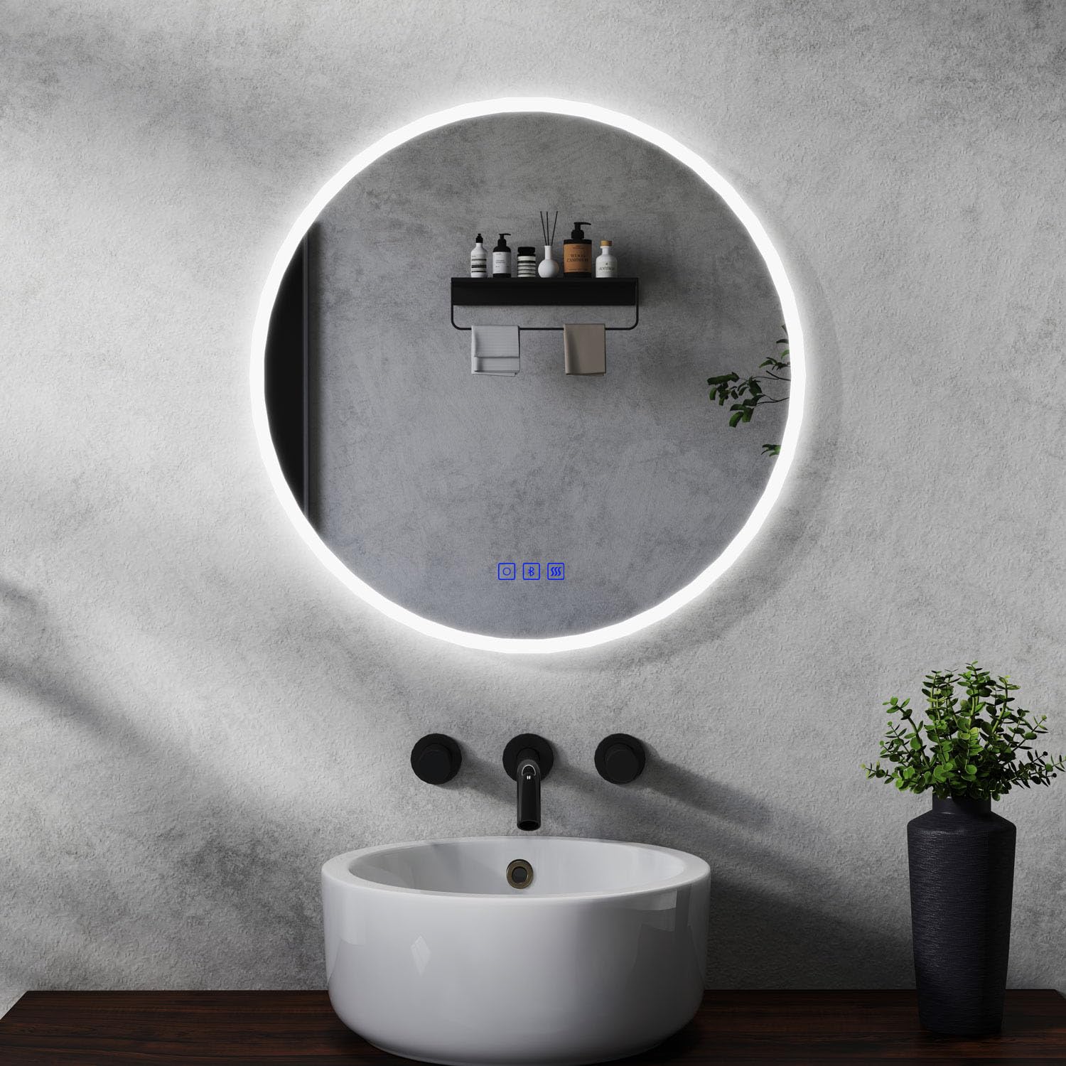 MAERTS-E Espejo de baño redondo de 800 mm con luces LED, altavoces Bluetooth y antivaho | Espejo de baño LED con 3 colores de luz ajustables y memoria | Interruptor de pared y sensor táctil | Apagado