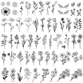 One Grace Mini Black Flower Temporary Tattoos - Realistic Long Lasting Waterproof Tiny Tattoos - Cute Floral Bouquet Wild Plants Small Tattoos for Women and Men