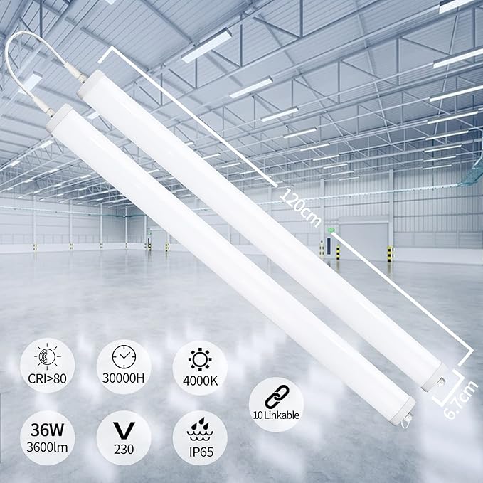 URing Led-lamp voor vochtige ruimtes, 120 cm, 36 W, 3600 lumen, koppelbaar, IP65 waterdicht, werkplaatslamp, kelderlamp, TL-buis, led, voor garage, kantoor, kelder, vochtige ruimtes, neutraal wit, photo 2