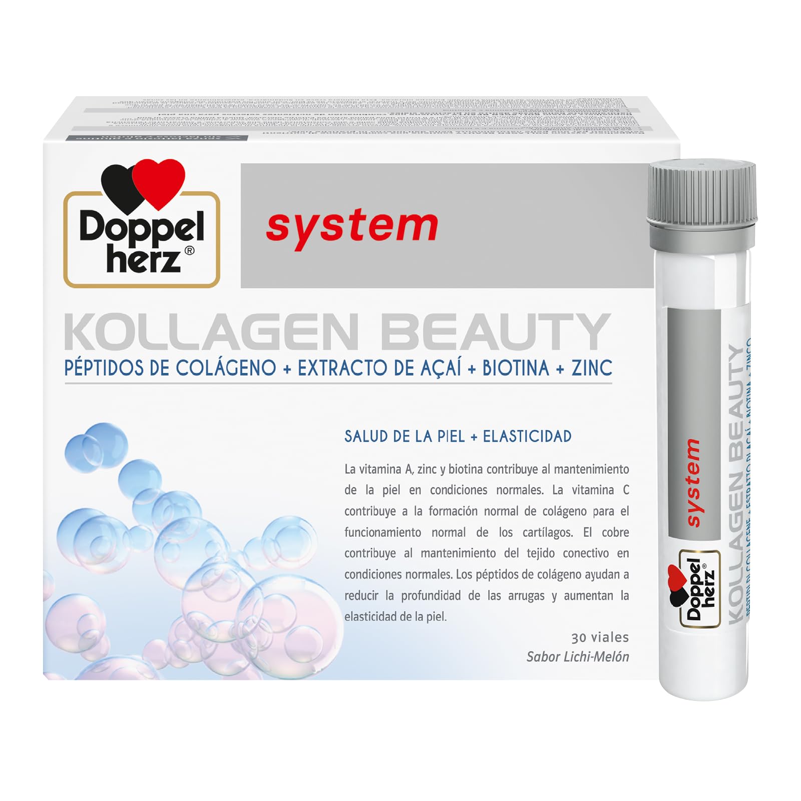 Doppelherz system KOLLAGEN BEAUTY - Complemento Alimenticio para Piel con Péptidos de Colágeno, Extracto de Açai, Biotina, Vitamina A, C y E, Zinc y Cobre, Sin Gluten ni Lactosa, 30 Viales
