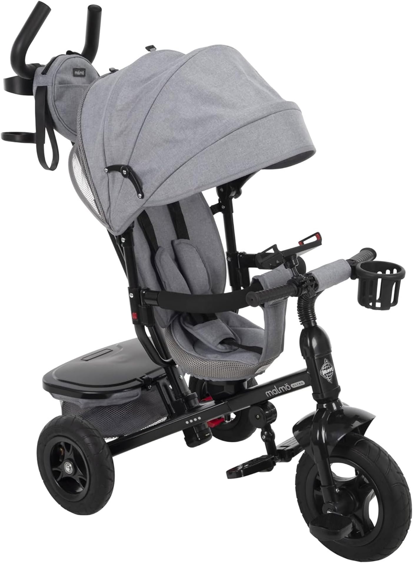 Malmö Ultra 4-in-1 Canopy Trike with Adjustable Push Handle, Folding Footrest, Removable Canopy, and Accessories , Gray