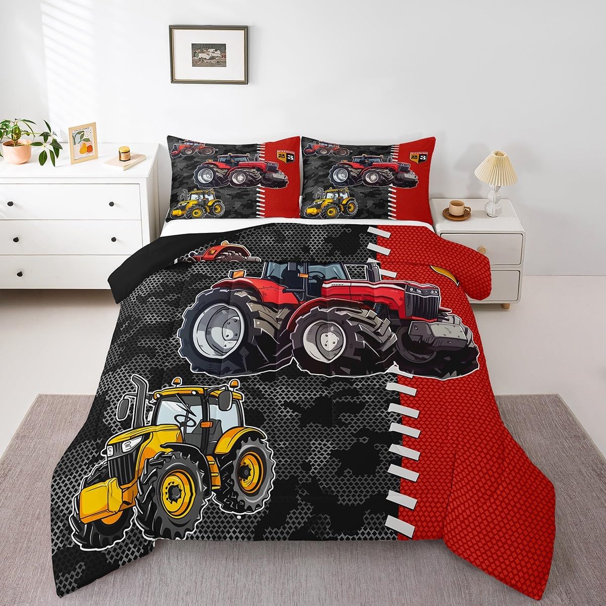 Cartoon Tractor Kids Comforter Set,Yellow Red Construction Vehicle Bedding Sets for Boys Teens Adults,Red Plaid Gray Black Camo Comforter Duvet Set with 1 Pillowcase Twin Size 2 Pcs