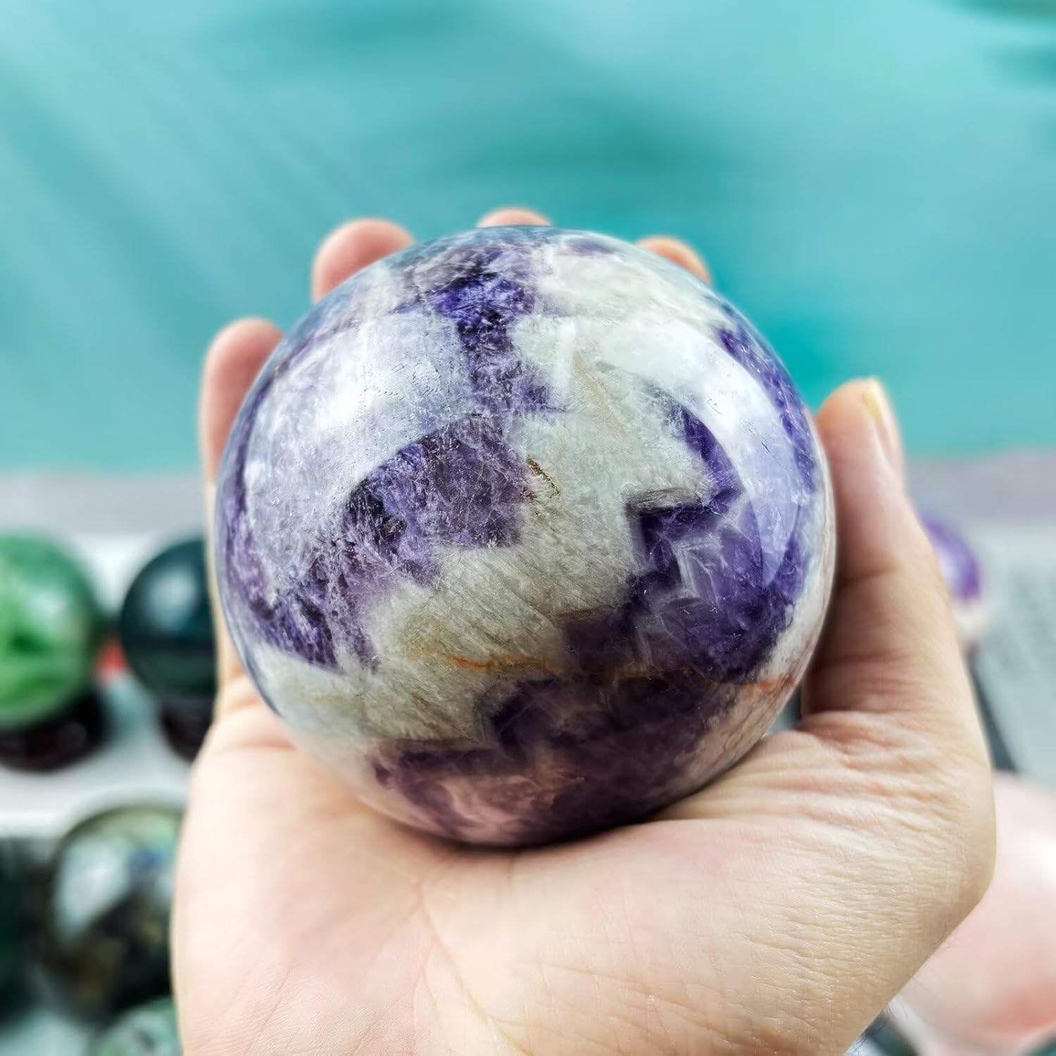 Decorative Dream Amethyst Crystal Stone Ball Figurines Natural Rock Sphere Purple Chevron Amethyst Home Office Decor Meditation Gift with Stand 2.3-2.8"