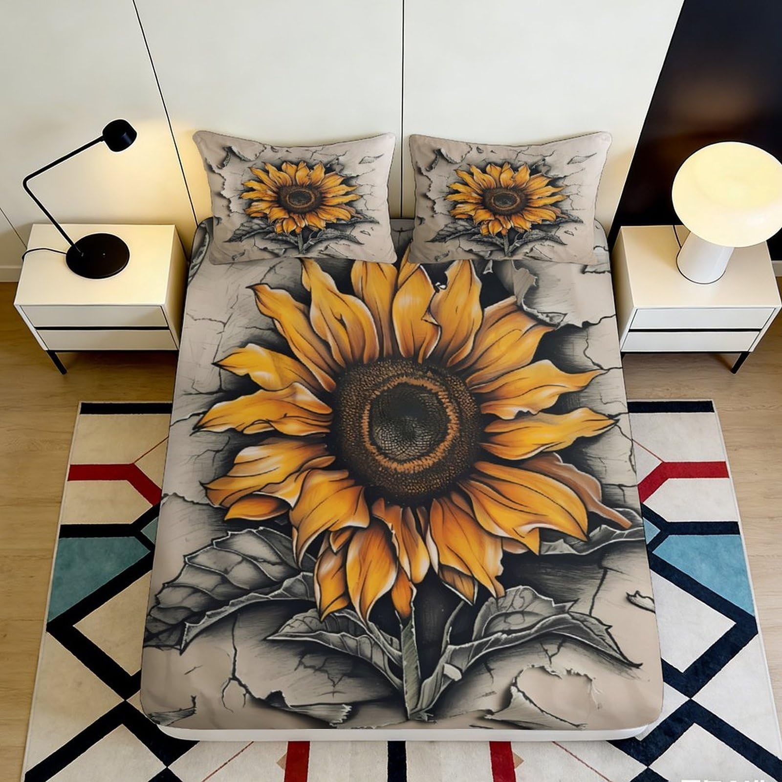 3D Printed Sunflower Fitted Sheet Microfiber Soft Yellow Floral Mattress Cover for Bedroom Guest Room Easy Care Decor 90x200x25cm