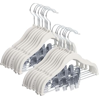 Pack of 16 Velvet Children's Hangers with Adjustable Clips White