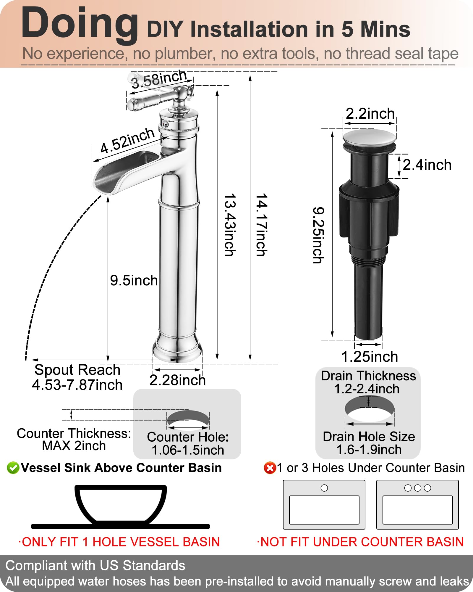 HOIGY Tall Single Handle Bathroom Faucet Chrome, Brass Faucet for Vessel Sink, Waterfall Bathroom Sink Faucet 1 Hole, Vessel Bathroom Faucets with Pop-up Drain & Supply Hoses for Hotel 5 Mins Install