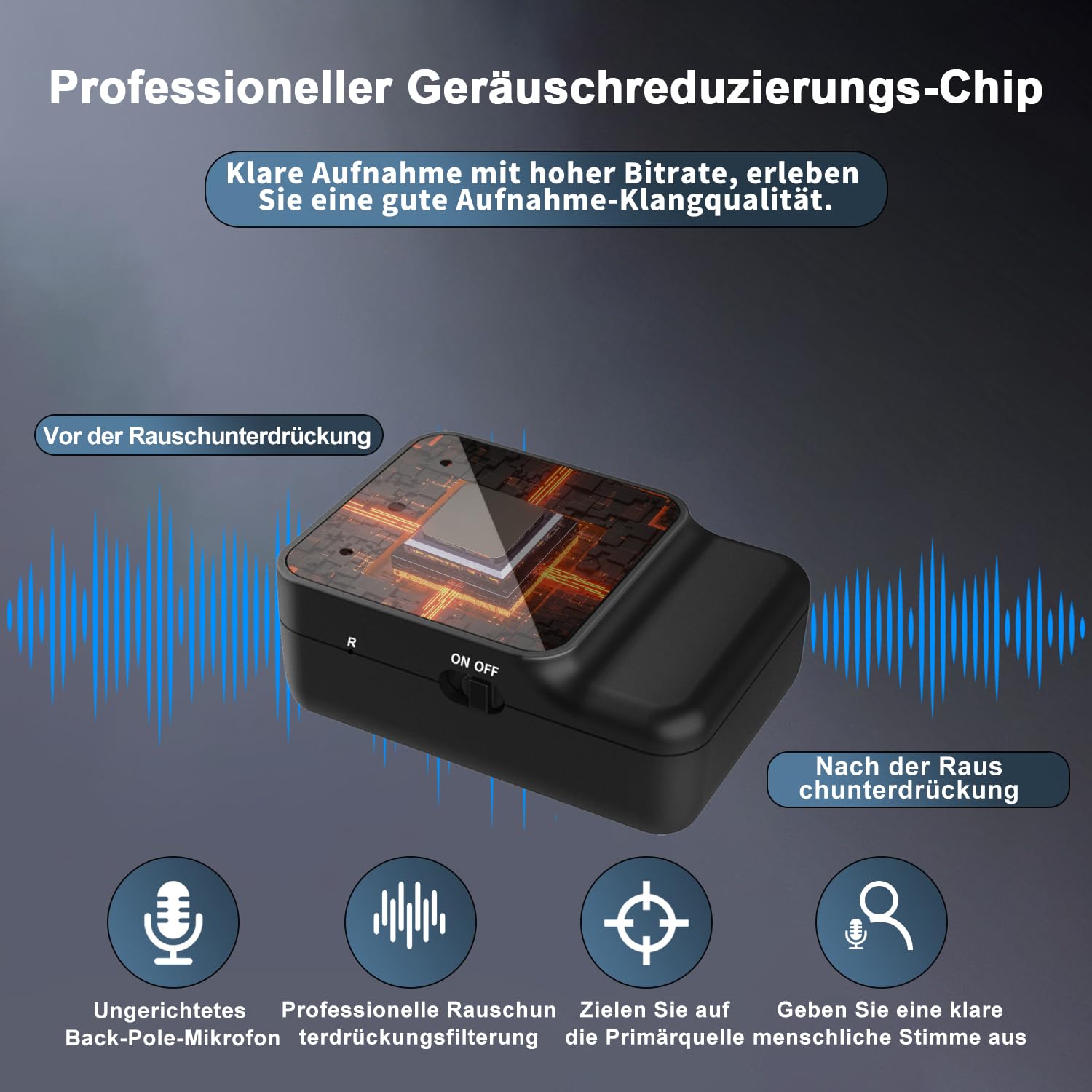 Diktiergerät Mini - Tragbares USB-C Aufnahmegerät, Geräuschreduzierung, Magnetisch, One Touch Diktiergerät, Wiederaufladbarer Audio Recorder mit Kopfhörer, für Arbeit, Studie, Meeting, Interview