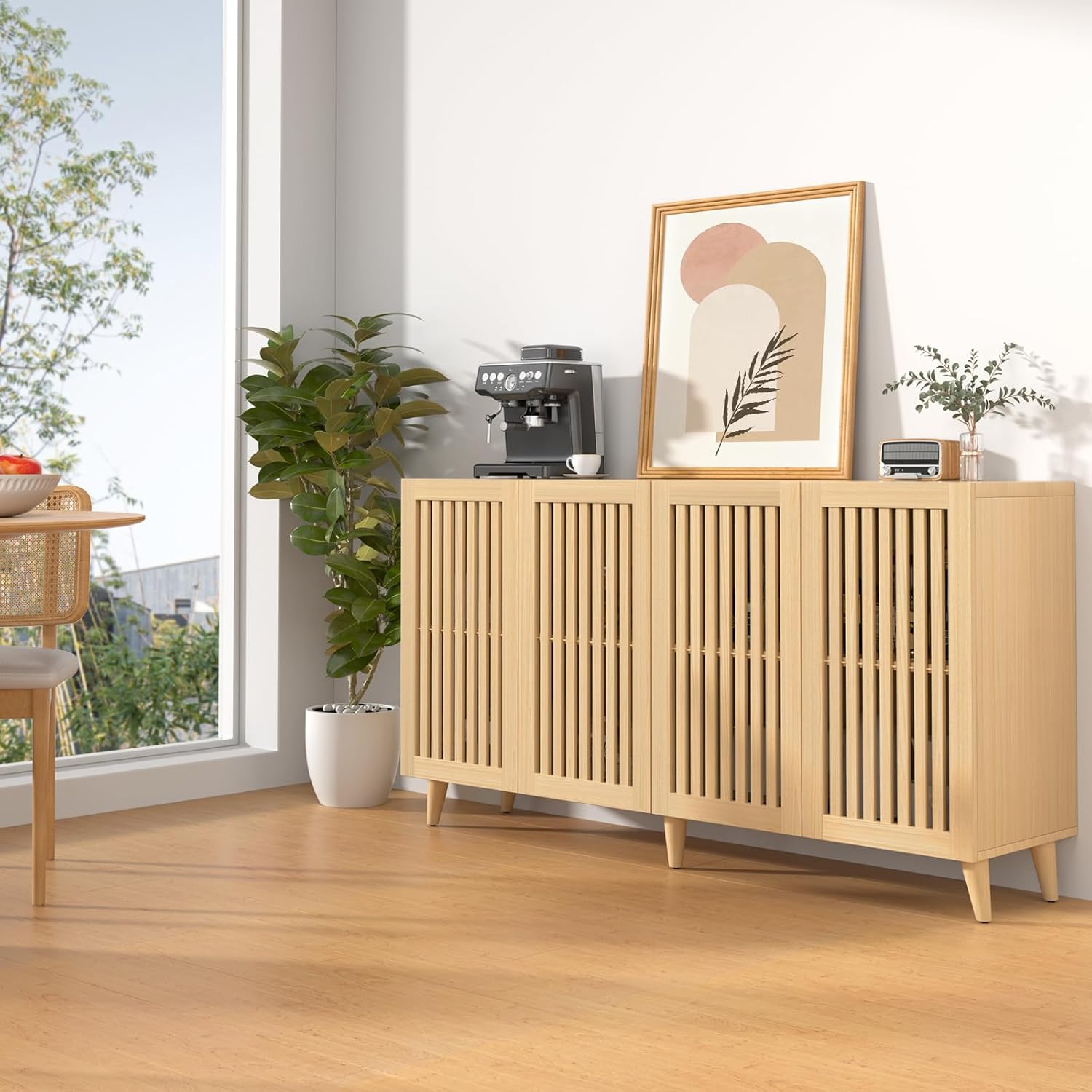 63" Large Sideboard with 4 Doors, Modern Fluted Buffet Cabinet, Wood Storage Credenza with Sturdy Metal Legs for Living Room, Kitchen, Entryway (Natrual)
