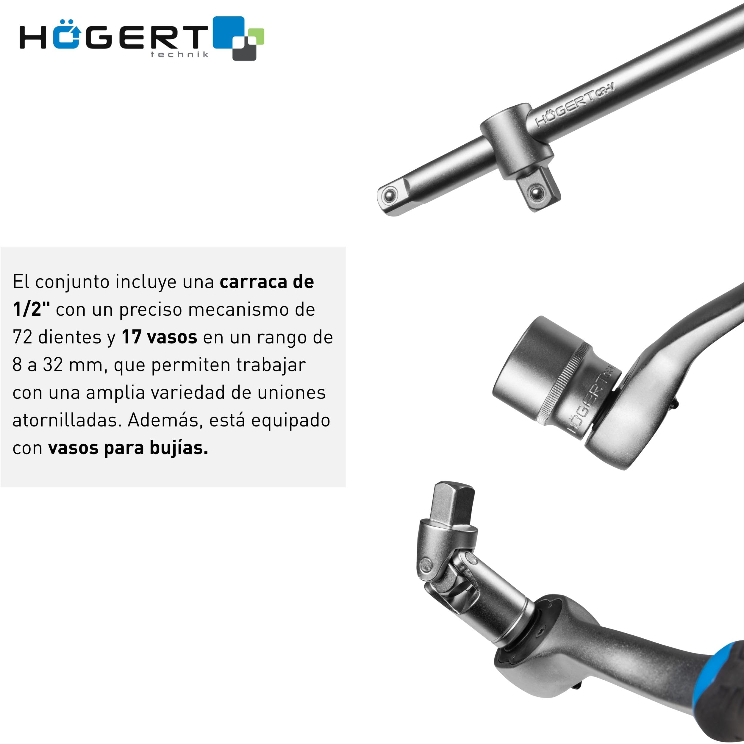 Högert Technik - Juego de llaves de vaso de 24 piezas de 1/2 pulgada con llave de carraca, llave de carraca, llaves de vaso de 8-32 mm de acero CrV en maletín para taller y garaje