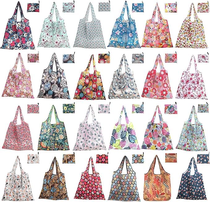PQHIQ 24 Pack Shopping Bags Foldable With Pouch, Washable Polyester