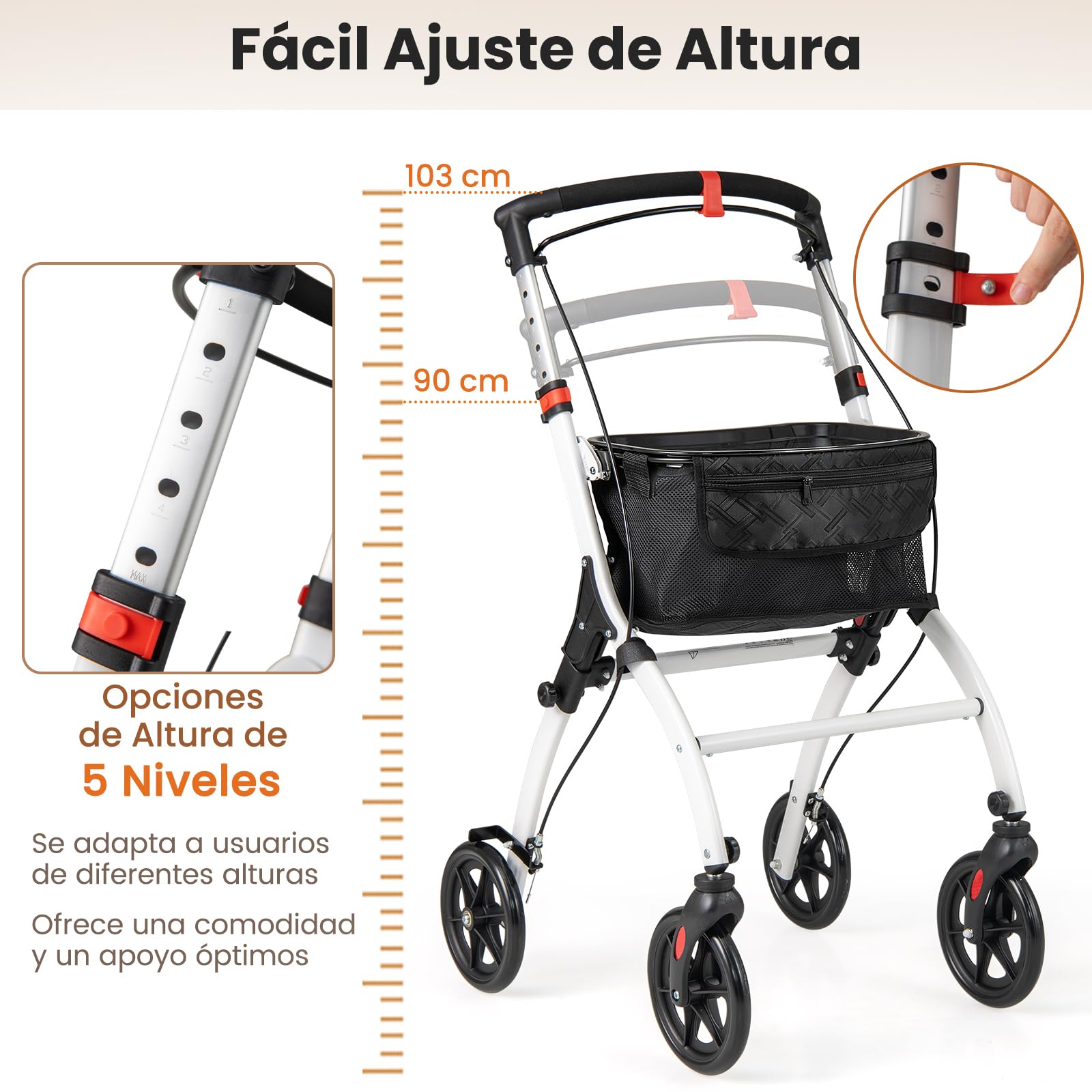 COSTWAY Andador para Ancianos con Bandeja, Caminador Anciano Ligero Plegable, Cesta de Almacenamiento, 4 Ruedas y Frenos, Andadores Estrechos con Altura Ajustable para Personas Mayores