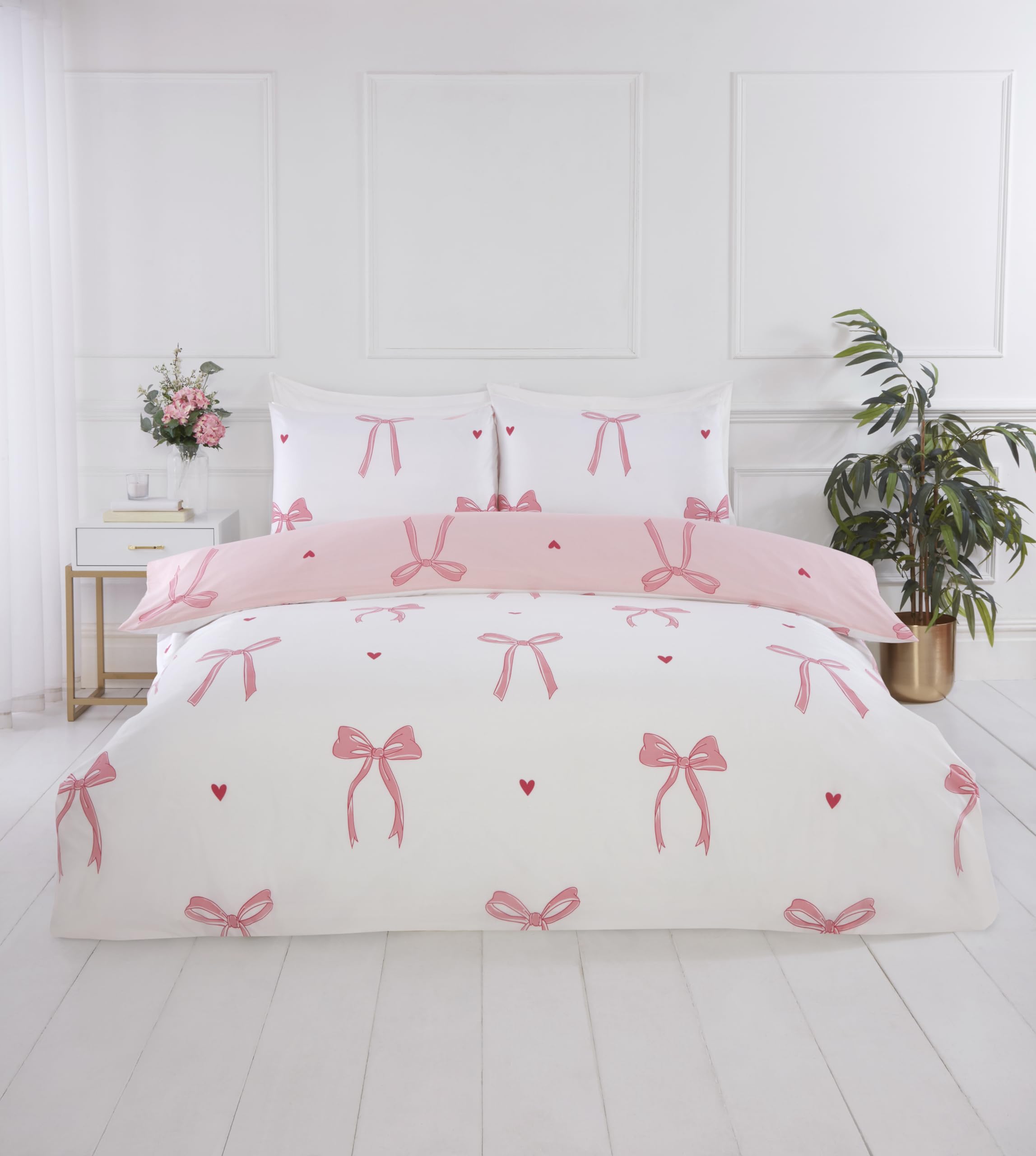 Rapport Home Printed Reversible Microfibre Bedding Double Duvet Cover Set Bows Pink – Cute Pattern Quilt Cover with Pillowcases