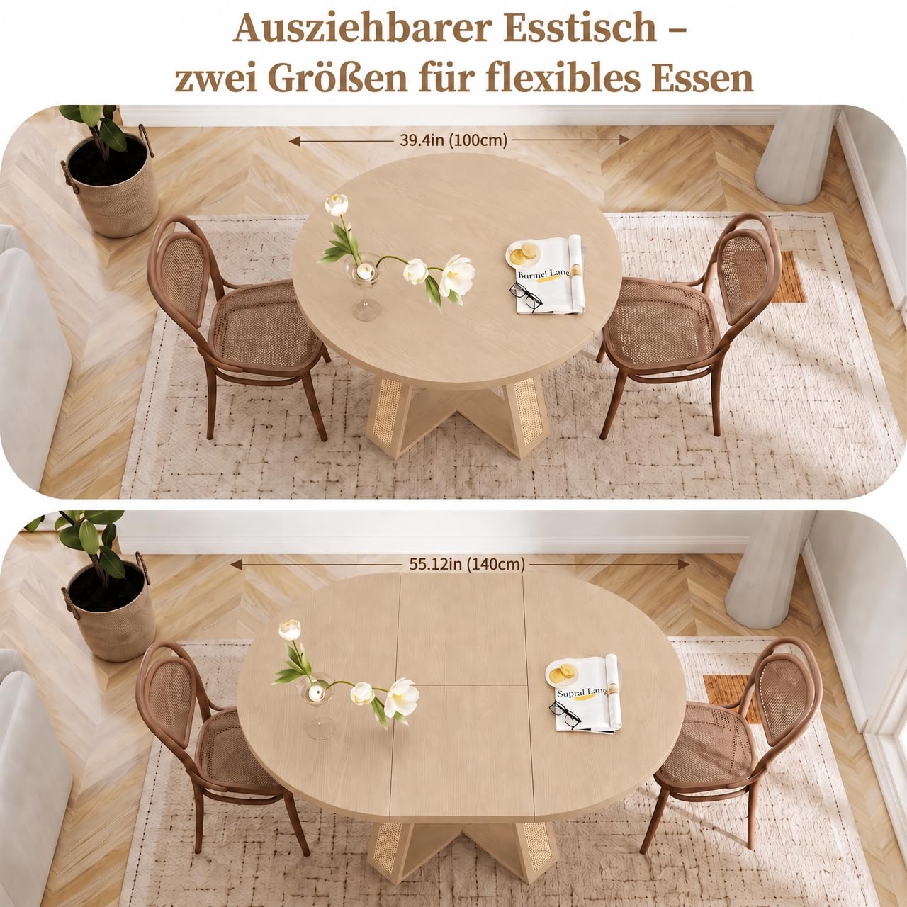 Ausziehbarer Esstisch rund 100-140 cm mit Rattan-Design und Ablage
