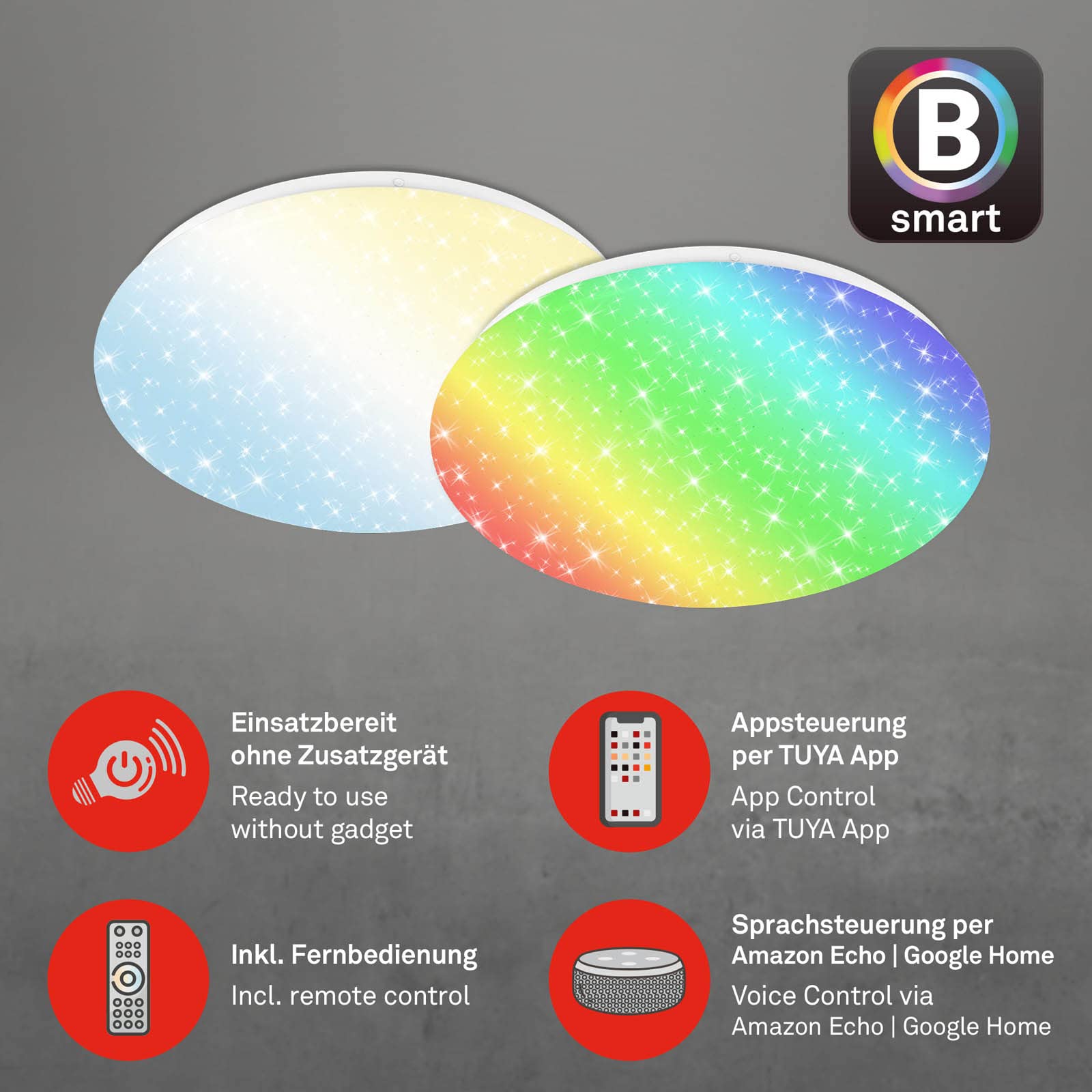BRILONER - LED Bad Deckenlampe Smart Home, funktioniert mit Alexa, buntes RGB+W Licht, LED Deckenleuchte, LED Lampe, Badlampe, Badezimmerlampe, Küchenlampe, Feuchtraumleuchte, 33x10 cm, Weiß