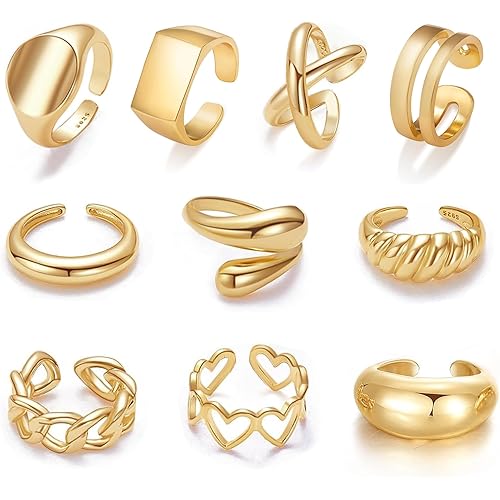 12PCS Gold Stackable Rings Set for Women, Chunky Non Tarnish Ring for Knuckle Finger, Fashion Adjustable Thumb Pinky Signet Heart Rings for Jewelry Gift