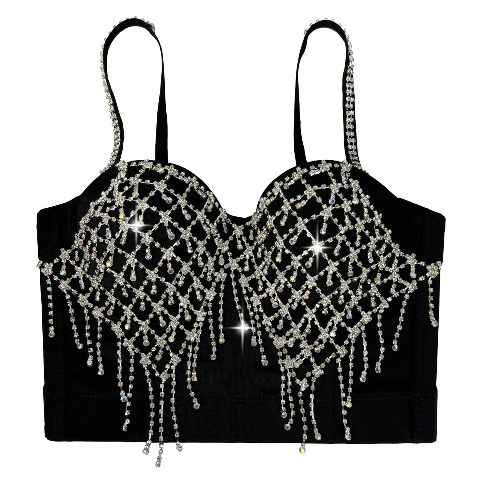 Top Bustier Corto Sexy da Donna con Strass e Perline, Top Corsetto con Spalline Regolabili