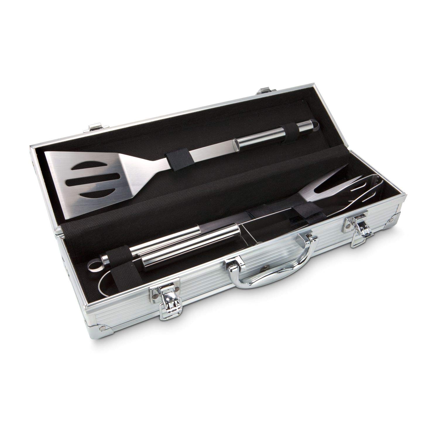 Geschenkset Das Grillset: 7-teilig; 3-teiliges ROMINOX Edelstahl Grillbesteck in hochwertigem Koffer + Chili-Grillöl (0,2 L) + 75 g Wajos BBQ Rub Grillgewürz + Geschenkbox
