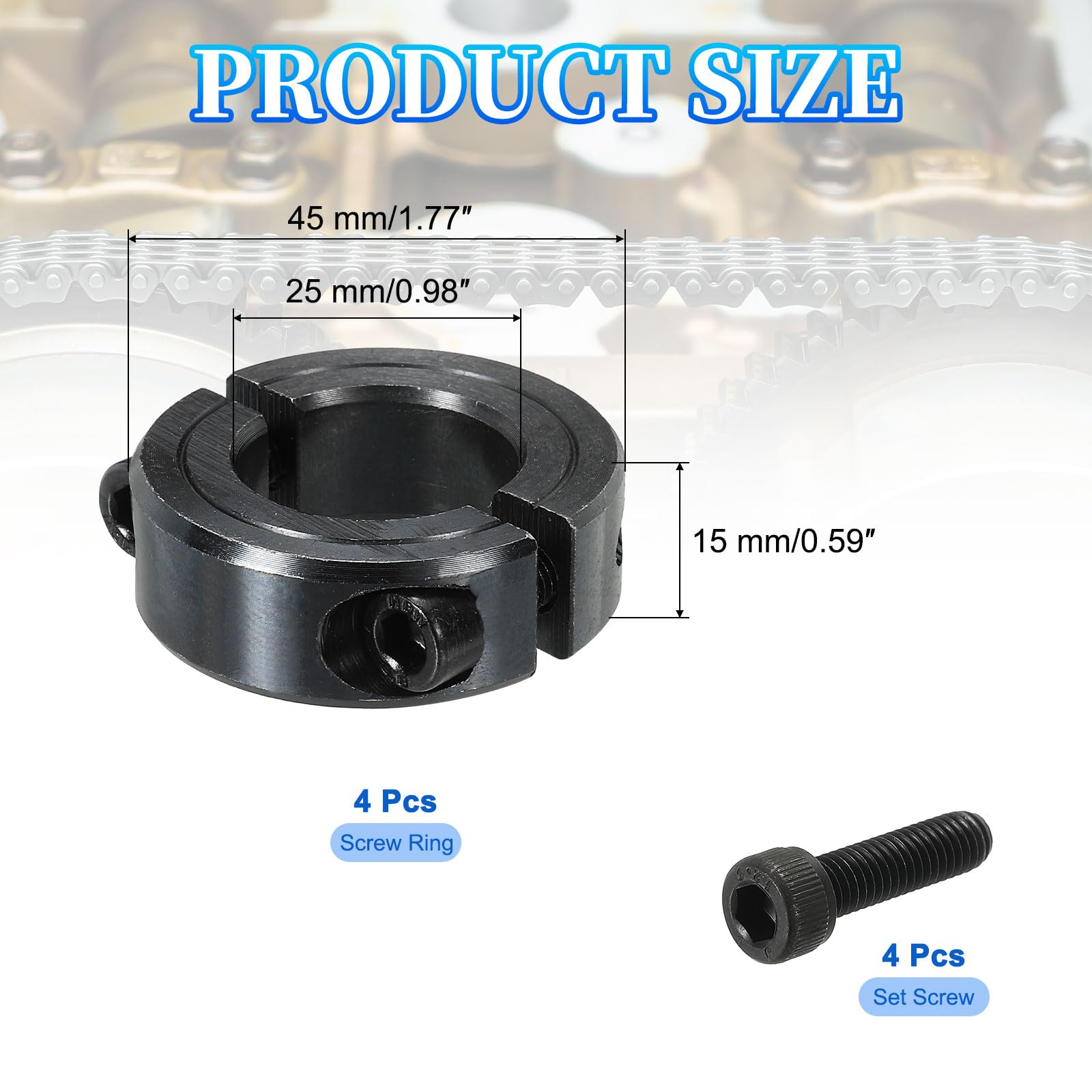 QUARKZMAN 4Pcs Bague de Réglage Alésage 25 mm à Double Fente 45 mm OD 15 mm Épaisseur Acier au Carbone Collier de Serrage à Verrouillage avec Vis de Réglage et Clé Hexagonale (Noir)