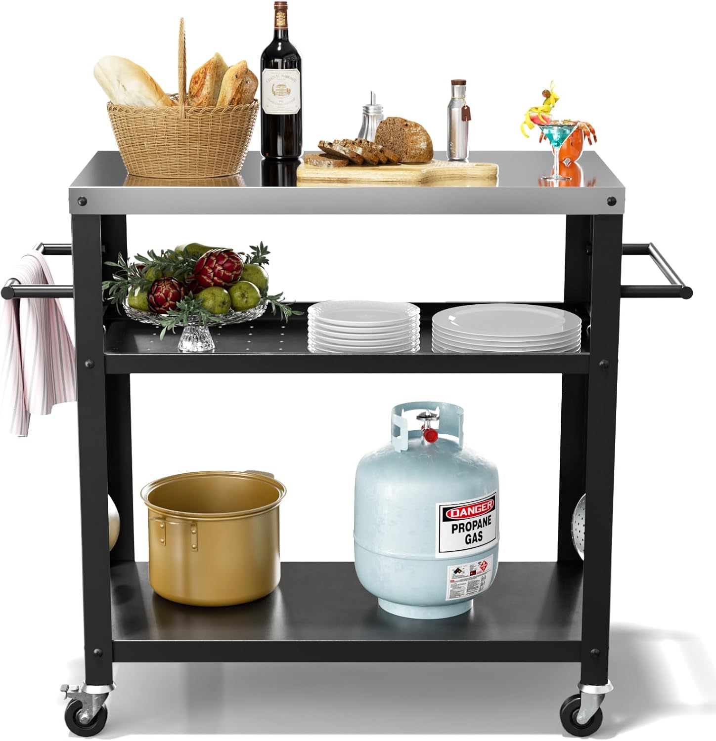 Outdoor Grill Cart with Three-Shelf, Stainless Steel Pizza Oven Table for Outside, Dining Kitchen Cart with Two Side Handle, Garden Patio BBQ Kitchen Food Prep Table Cart (Black) Cart Table with 3-Shelf