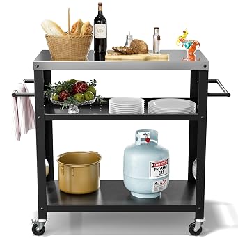 Nessxa Outdoor Grill Cart with Three-Shelf, Stainless Steel Pizza Oven Table for Outside, Dining Kitchen Cart with Two Side Handle, Garden Patio BBQ Kitchen Food Prep Table Cart Black