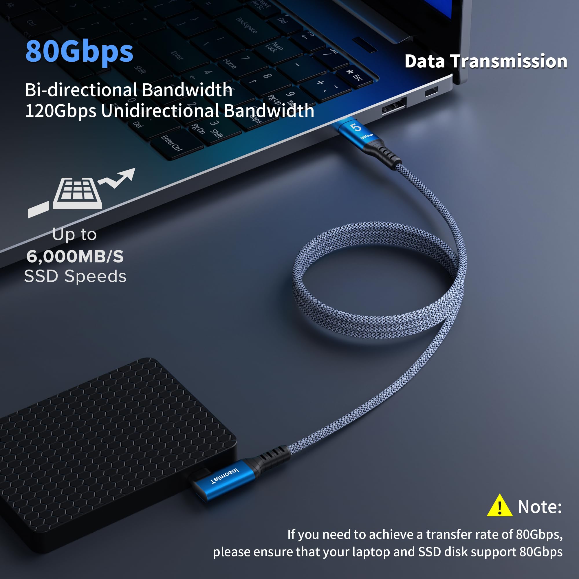 Câble Thunderbolt 5 240 W à angle droit de 1 m, prend en charge une bande passante de 120 Gbit/s, 80 Gbit/s, 16 K, double 8K, 4K 540 Hz, triple 4K 144 Hz pour iPhone 16, Thunderbolt 4/3, USB4, SSD