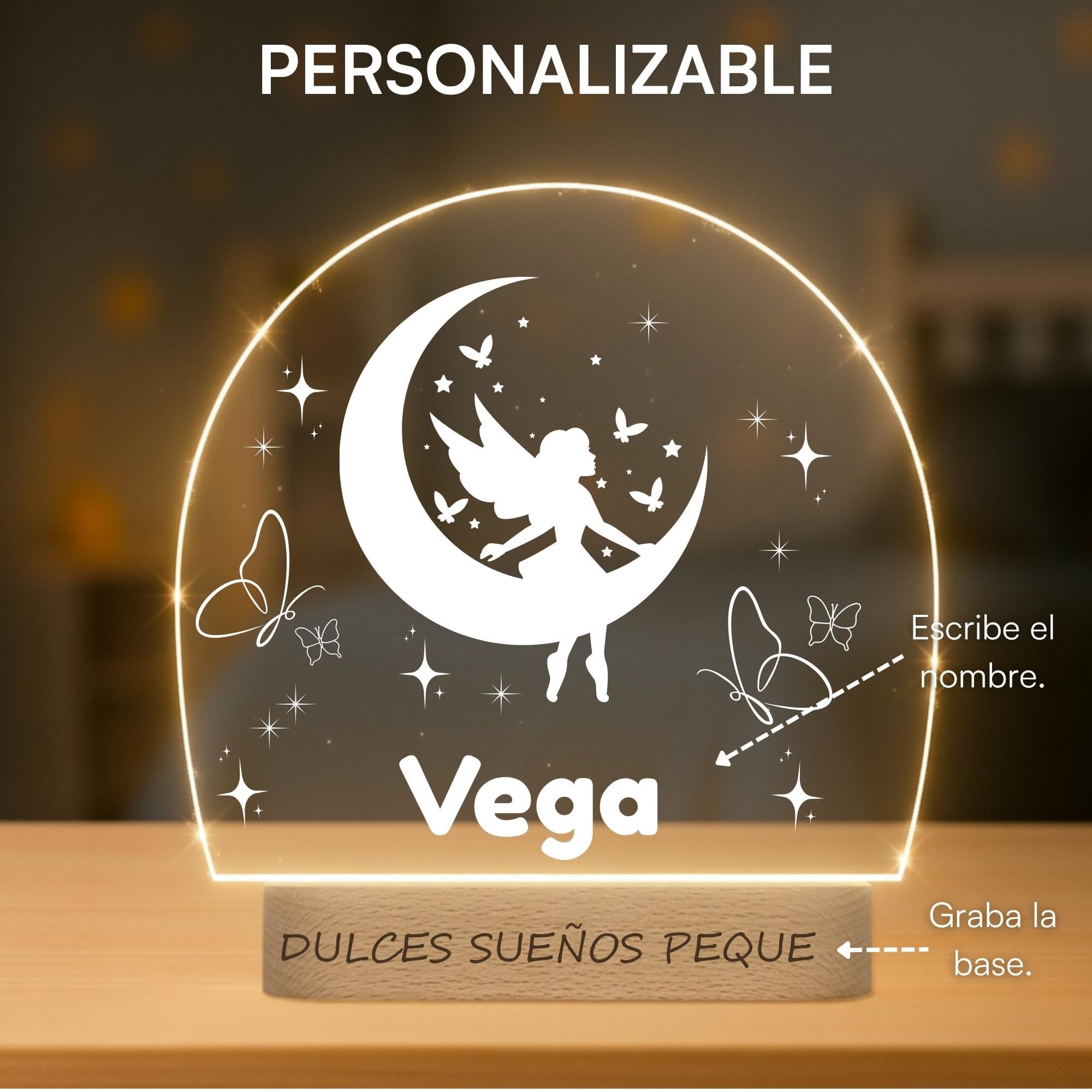 Lámpara Infantil Personalizada con Nombre - Luz LED Quitamiedos para Habitación de Bebé con Diferentes Diseños - Regalo Original para Bebe, Nacimiento, Bautizo o Cumpleaños (HADA)