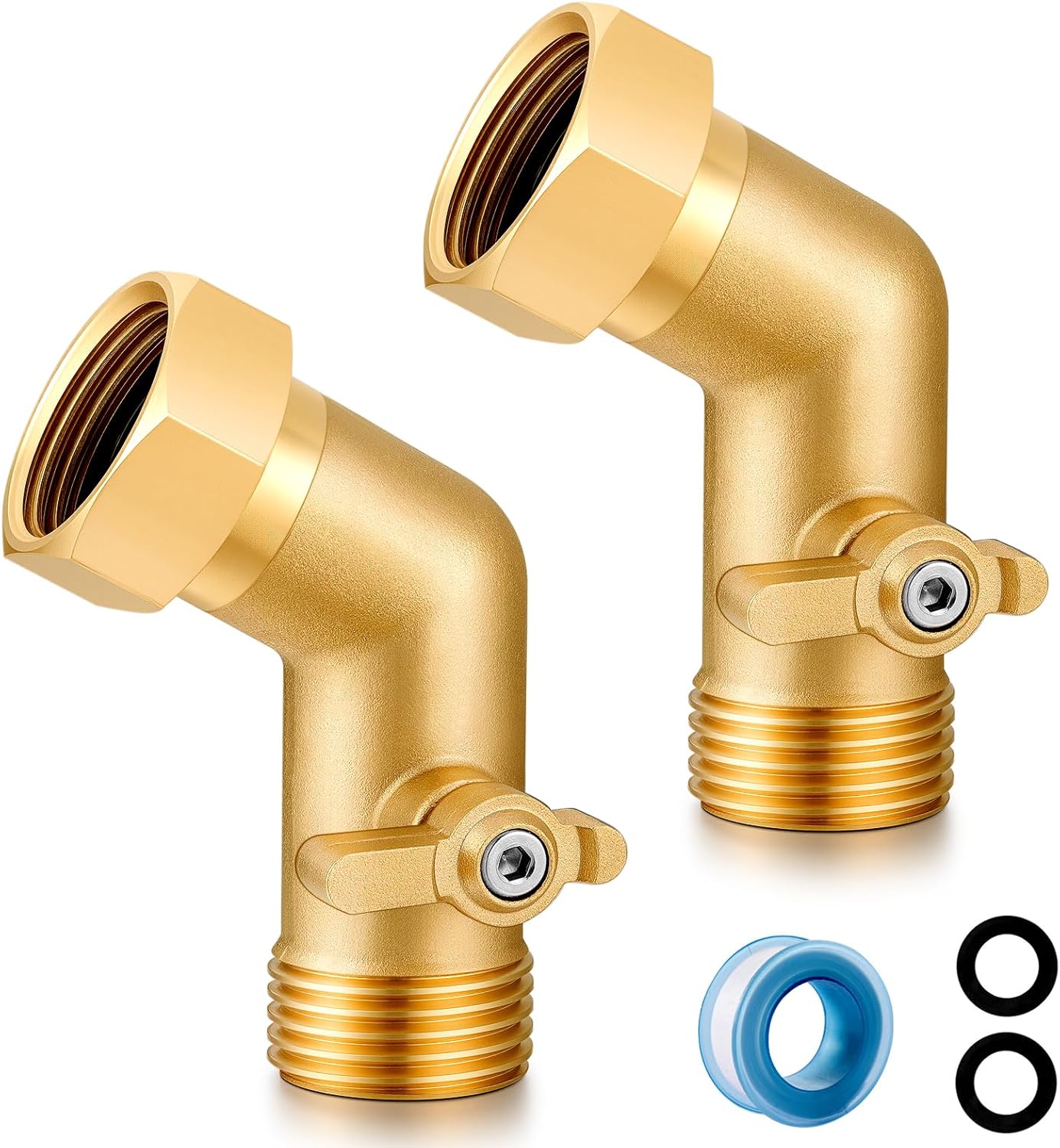 Garden Hose Elbow with Shut Off Valve 45 Degree Brass Connector 3/4" GHT Garden Hose On RV Adapter Large-diameter flow Elbow (45 Degree 2PCS)