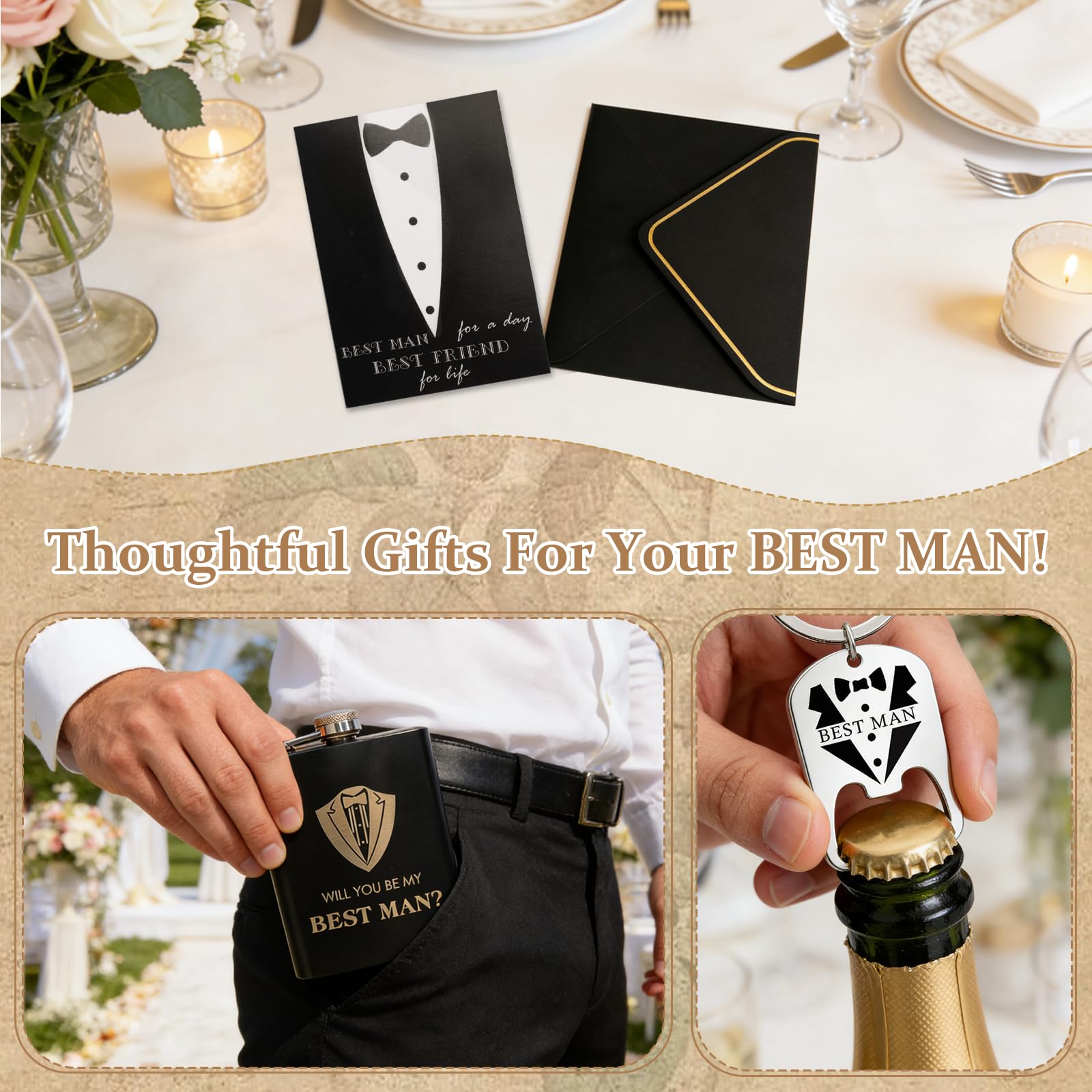 Set di 9 Regali per Testimoni Dello Sposo, Set Regalo per Testimone Dello Sposo di Nero Include Fiaschetta Incisa, Bicchierini, Apribottiglie, Calzino, Biglietti di Auguri
