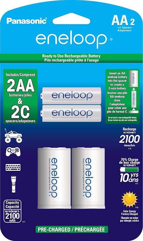 Eneloop Panasonic K-KJS2MCA2BA Adaptadores de batería tamaño C AA 2100 ciclos Ni-MH baterías recargables precargadas, paquete de 2 con 2 adaptadores C