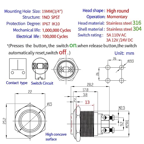 Miniatura 10 de Interruptor de botón momentáneo de 0.748 in, tapa redonda abovedada, terminales de tornillo de acero inoxidable impermeables 250 V CA 5 A 12 V 36 CC