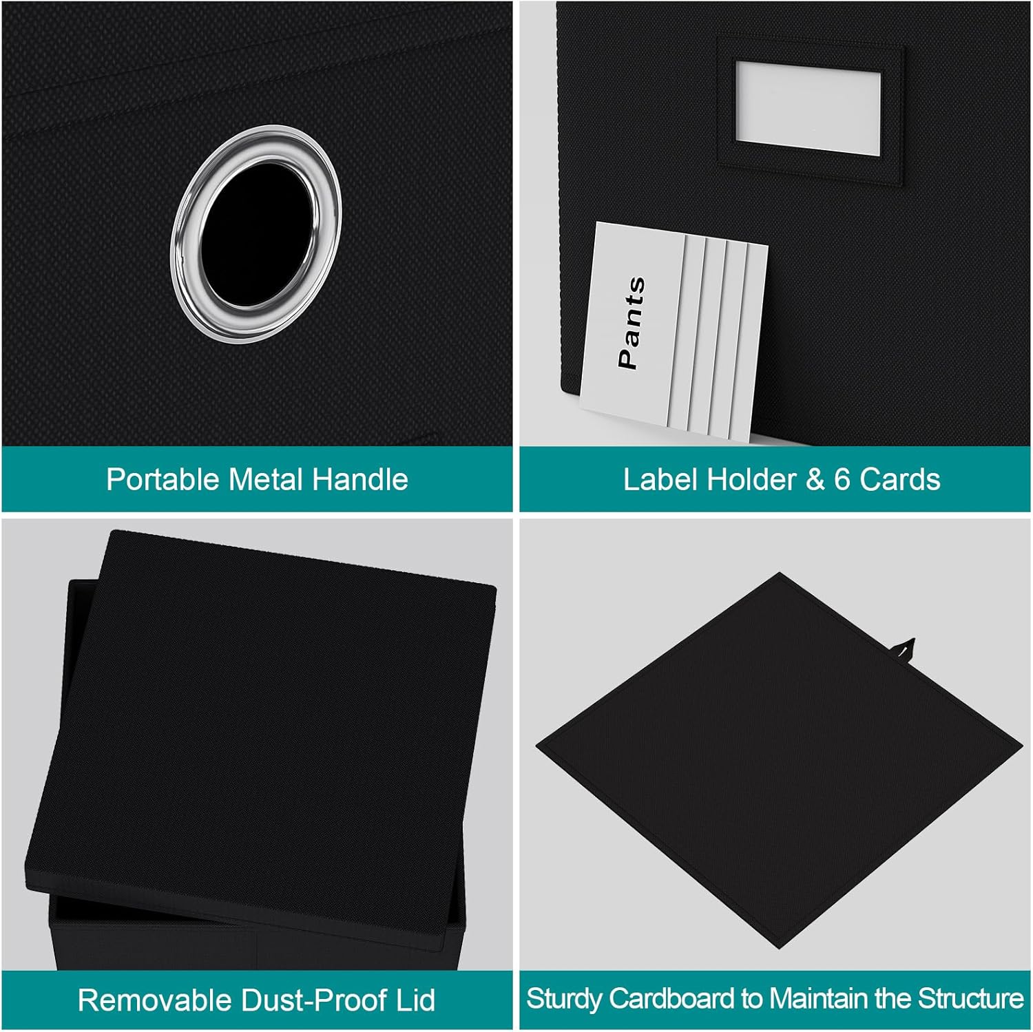 Pezin & Hulin Collapsible Fabric Storage Cubes with Lids, Foldable Cube Storage Bins for Closet Organzier, Lidded Home Storage Boxes with Label Cards, 6-Pack, Black (11×11×11 inches)