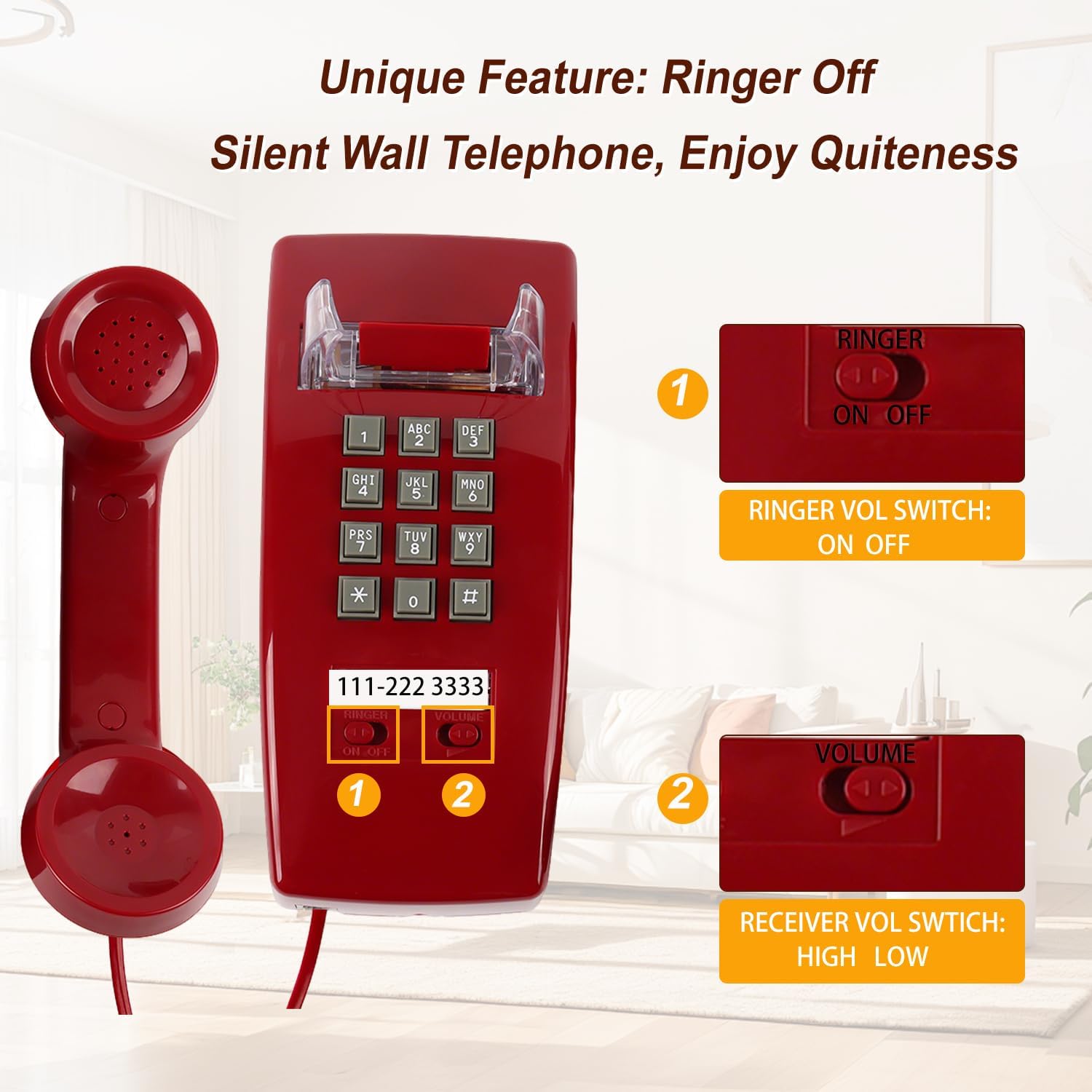 Retro Wall Phone Landline Ringer On/Off, Updated 2544 Wall Telephone,Vintage Wall Mounted Telephone Metal Base, Old Wall Phones for Landline, Backup Wall Phone for Home, Kitchen,Red