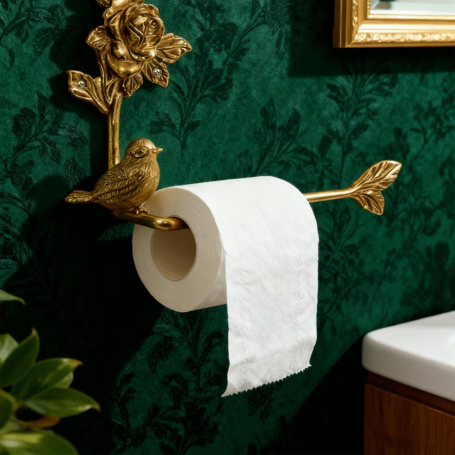 Vintage Brass Gold Wall Mounted Toilet Paper Holder with Bird and Flower Design – Decorative Towel/TP Holder for Bathroom, Rustic Farmhouse Victorian Style Bathroom Hardware