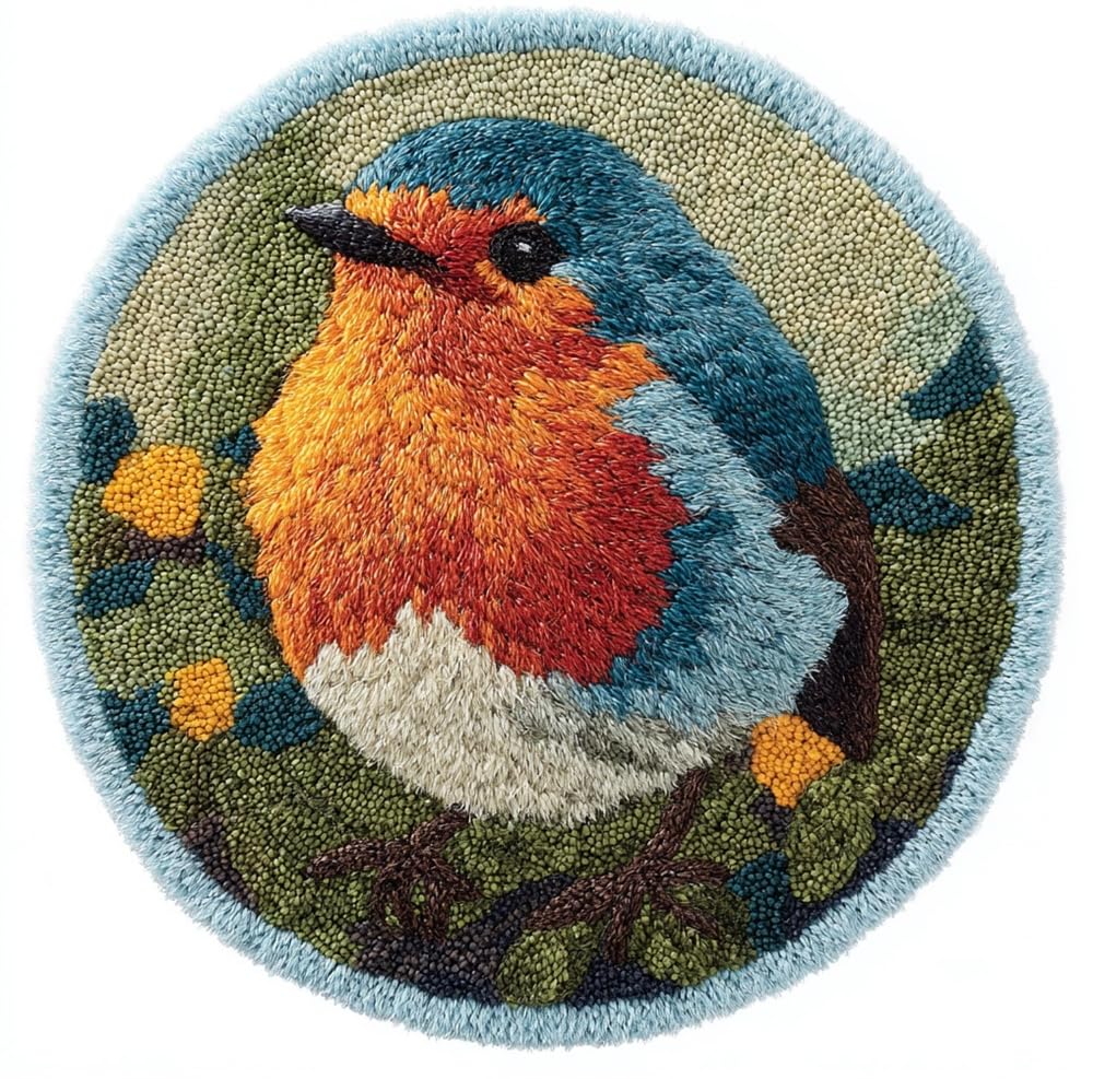 kitphoenix Round DIY Latch Hook Rug Kits Robin Bird 20X20Inch (50X50Cm) Easy for Beginners Round Carpet Crochet Yarn Craft Large Rug Hook and Latch Tapestry for Home Decor