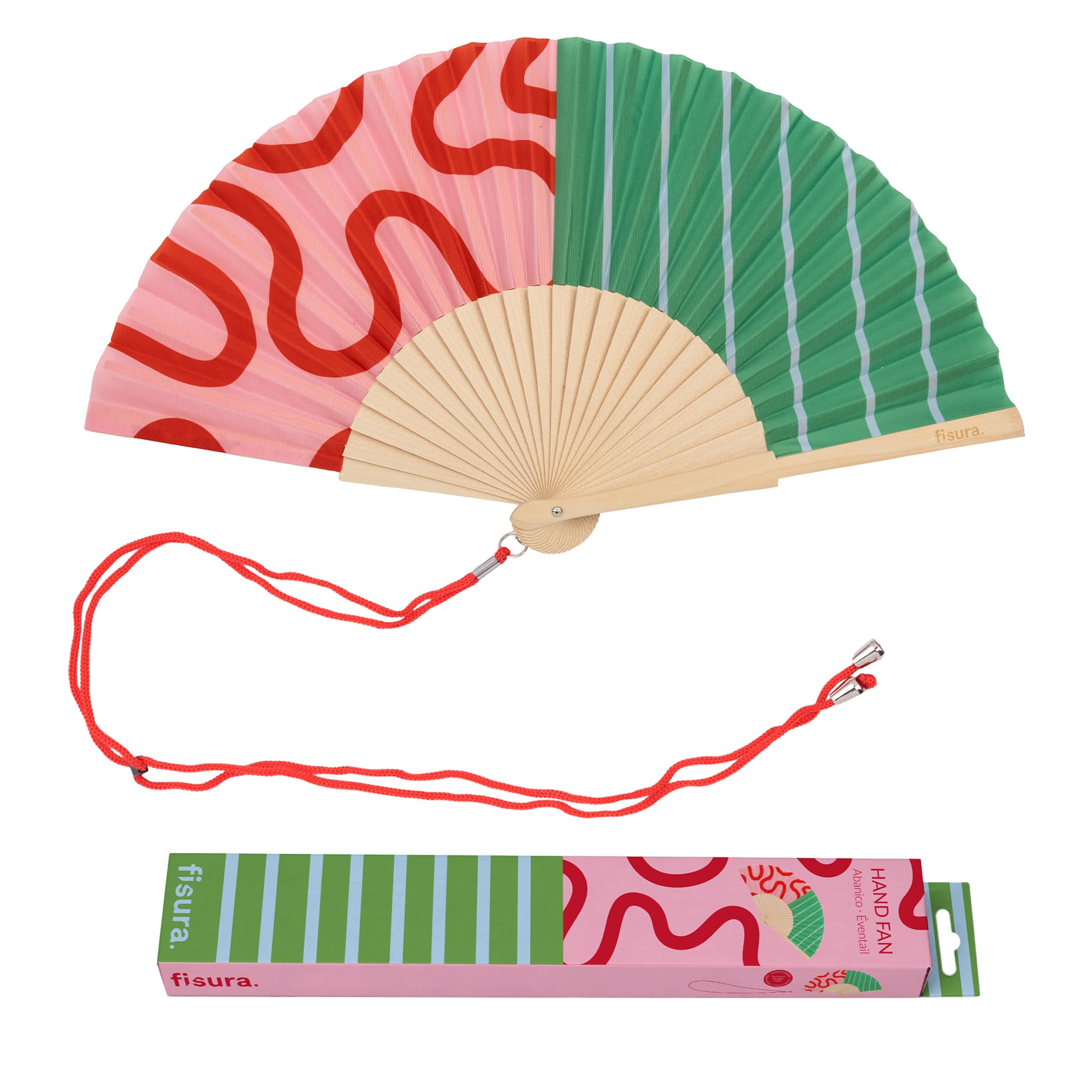 Fisura – Original Folding Fan with Waves and Stripes, Modern and Colourful Folding Handheld Fan, Green & Pink Design for Wedding, Rave, Festival - Includes Strap. Size: 42.5 x 23 cm