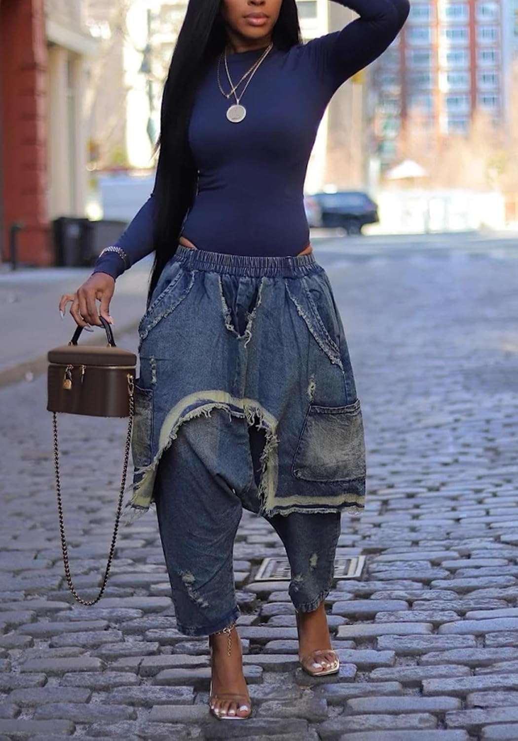 Vakkest Women's Harem Denim Pants Elastic High Waist Raw Trim Hem Patchwork Boyfriend Wide Leg Jeans with Pockets - Image 3