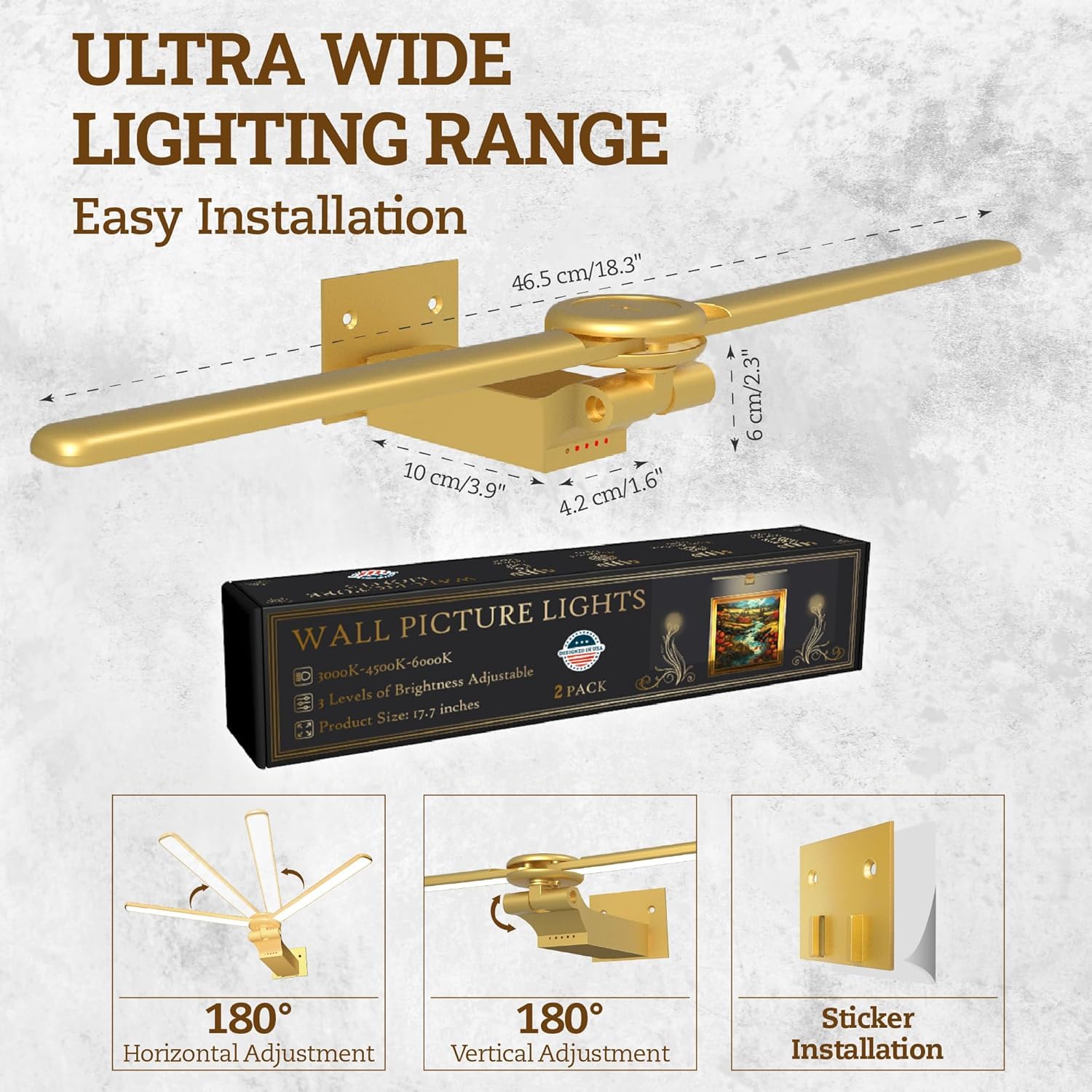 cotaros 2 Pack Picture Light for Wall, 18in Rechargeable Wall Art Light with Timer and Dimmable, Battery Operated Painting Frame Light with Remote Control for Bedroom, Living Room, Dartboard (Gold)