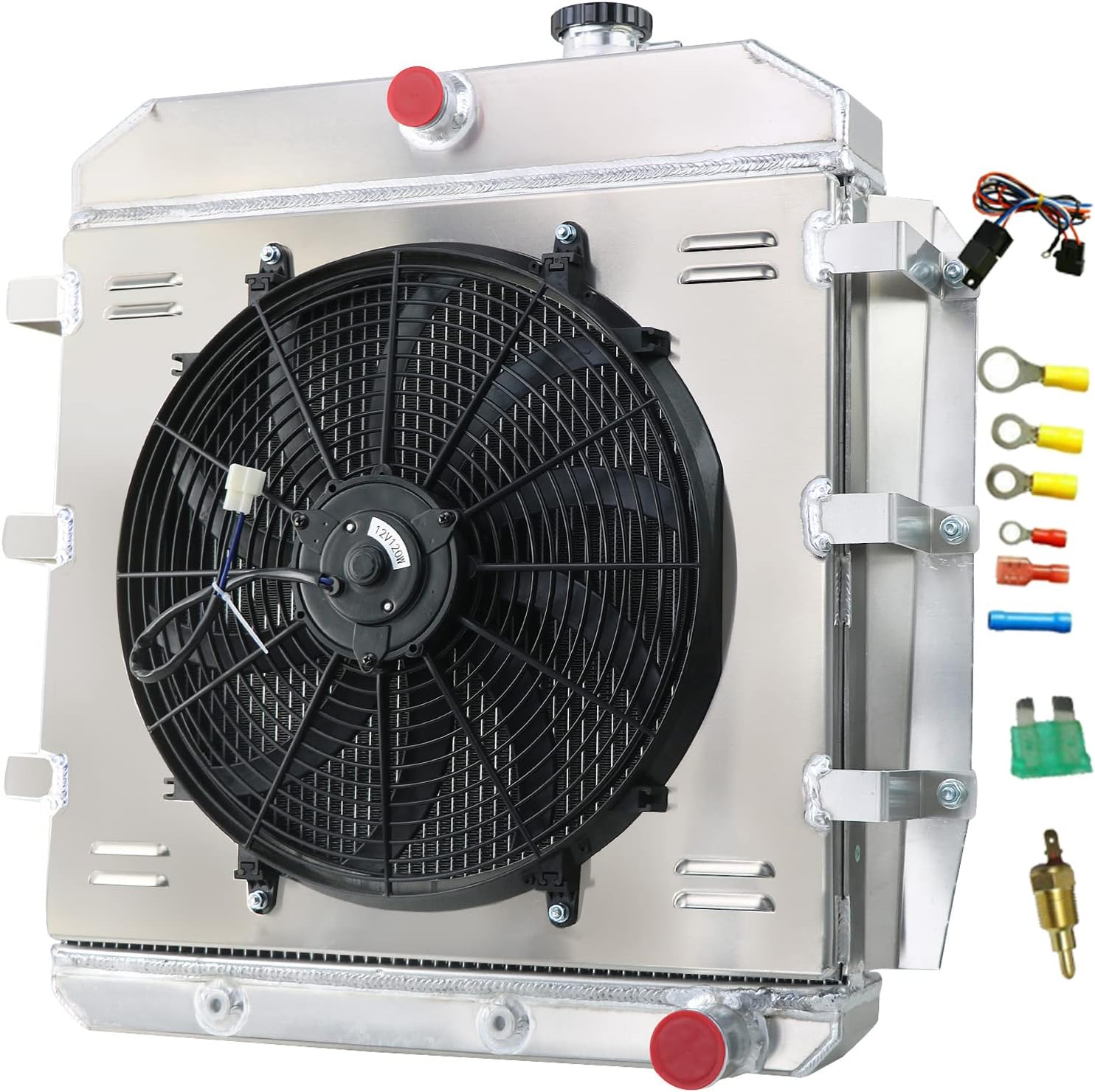Aluminum Radiator for 1955-1959 Chevy GMC Truck 3B 3C 3D 3E 3F 100 150 3400 3600 3800 V8 L6 Apache Pickup Truck AT/MT Radiators 4 Row Core Downflow Radiador Shroud 16" Fan Relay Radiadors
