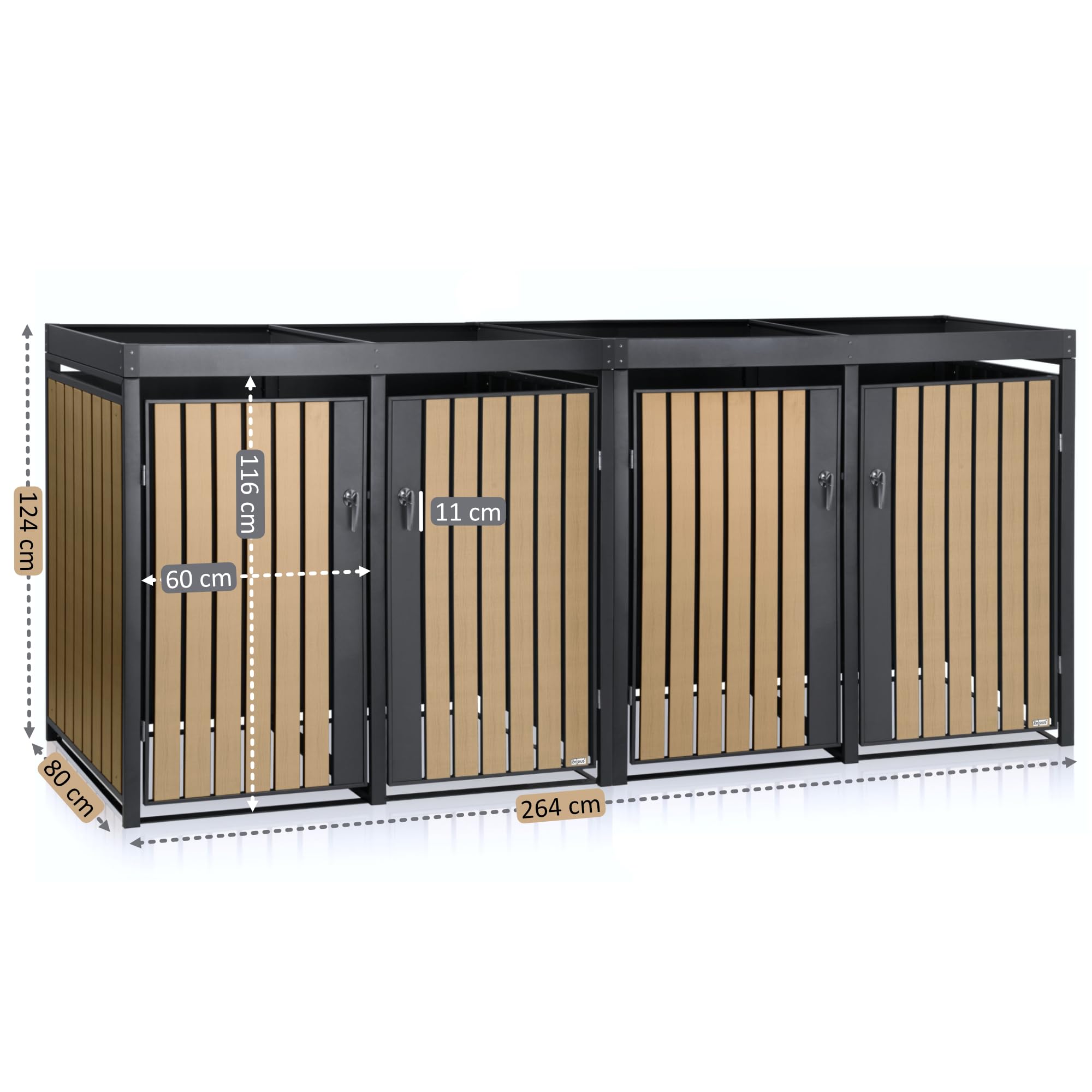 Zelsius Mülltonnenbox 4er mit Pflanzdach für 4 Tonnen | 120-240 Liter | Anthrazit RAL 7016 | Tür in Holzoptik inkl. Erweiterungsmöglichkeit | Aufbewahrungsbox für Mülltonnen, Müllbox