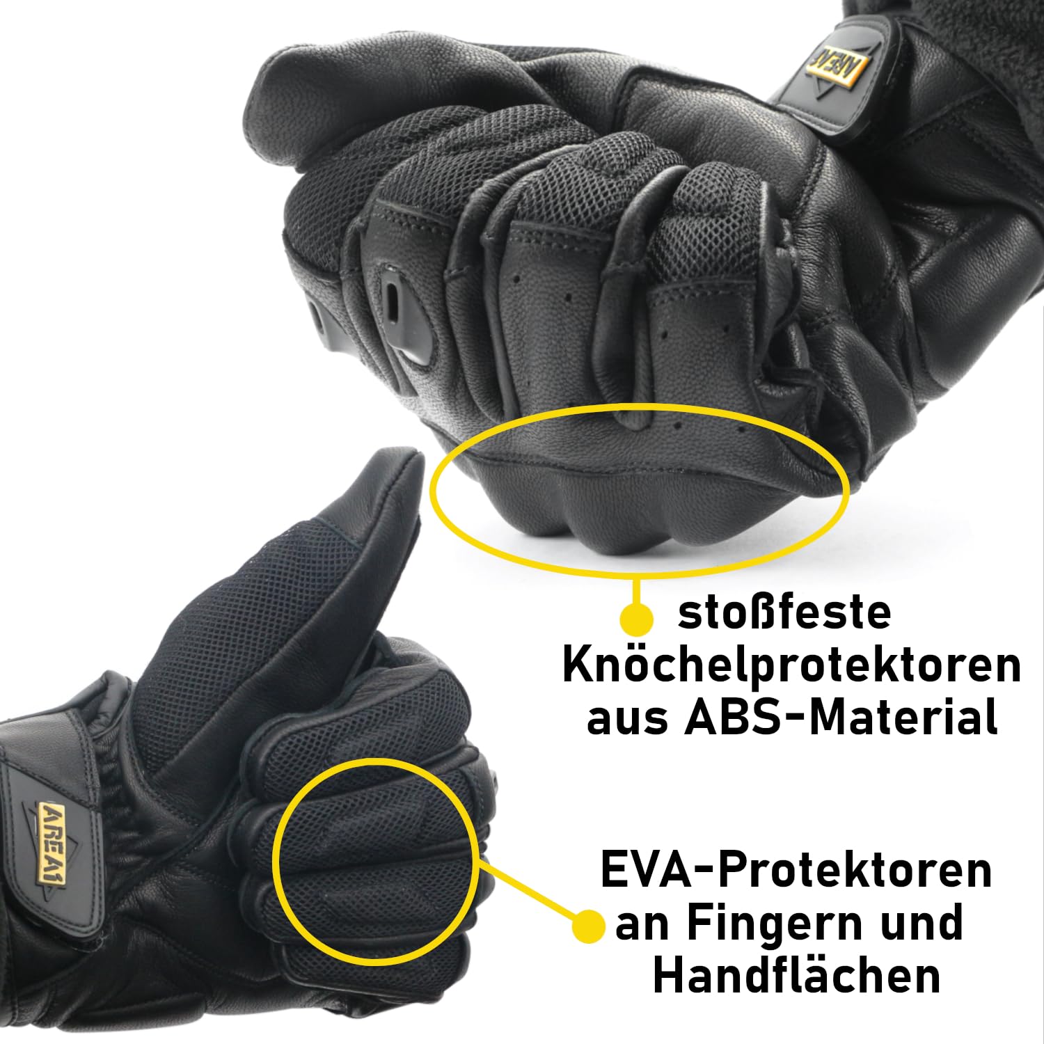 Area1 Motorradhandschuhe Leder Herren Damen, Knöchelschutz & Hartschalen-Protektoren – Atmungsaktiv, rutschfest & Robust – Motorrad Handschuhe Schwarz für Sommer & Touring (Größe M-XXL)