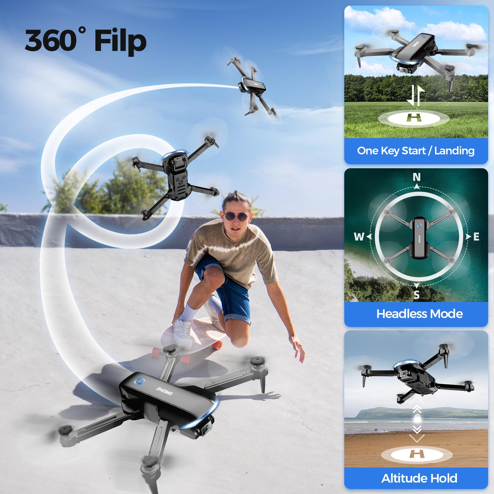 Drone with Camera 1080P HD FPV Foldable Drone for Adults and Beginners, RC Quadcopter with Gravity Control, One Key Take Off/Land, Optical Flow Positioning, 360° Flip, 3 Speed Mode, Waypoint Fly