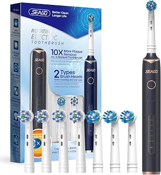 SEAGO Rotating Electric Toothbrush with 8 Round Brush Heads, with 5 Cleaning Modes, Sonic Technology Whitening Teeth in 14 Days, for Adult and Kids,SG-2603 Black