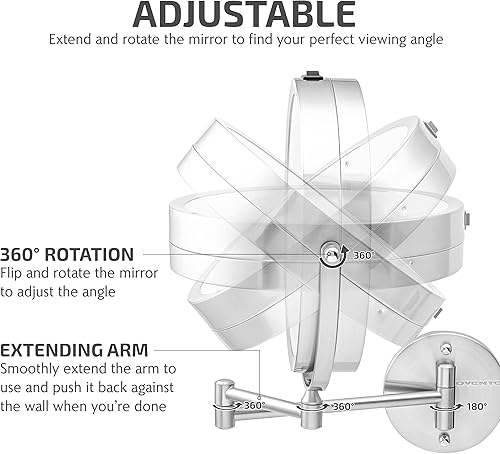 Miniatura 5 de OVENTE Espejo de maquillaje iluminado de 8.6 pulgadas, lupa 1X y 7X, LED redondo ajustable de doble cara, extensible, brazo retráctil y plegable,