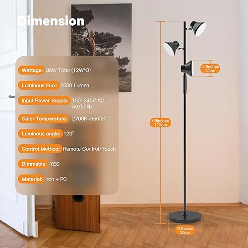 Miniatura 7 de Lámpara de pie LED mejorada 2024, lámpara de pie moderna de 36 W con control remoto y táctil, 4 temperaturas de color, lámpara de pie con 3 luces