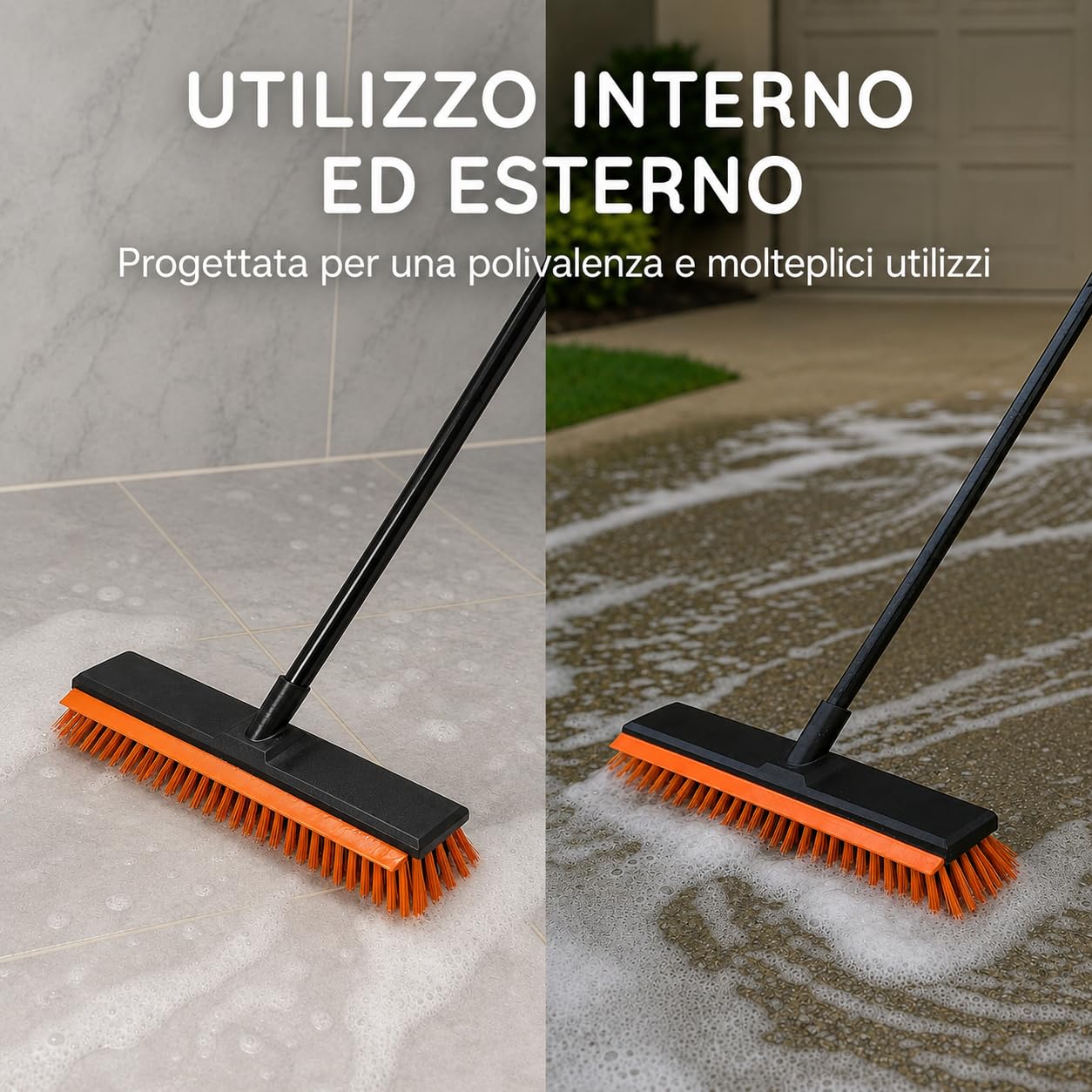 CUQOO Scopa resistente per esterni, spazzola con setole rigide con manico lungo per giardino, patio, vialetto e garage, spazzola resistente per esterni, ideale per superfici dure, pavimentazioni in