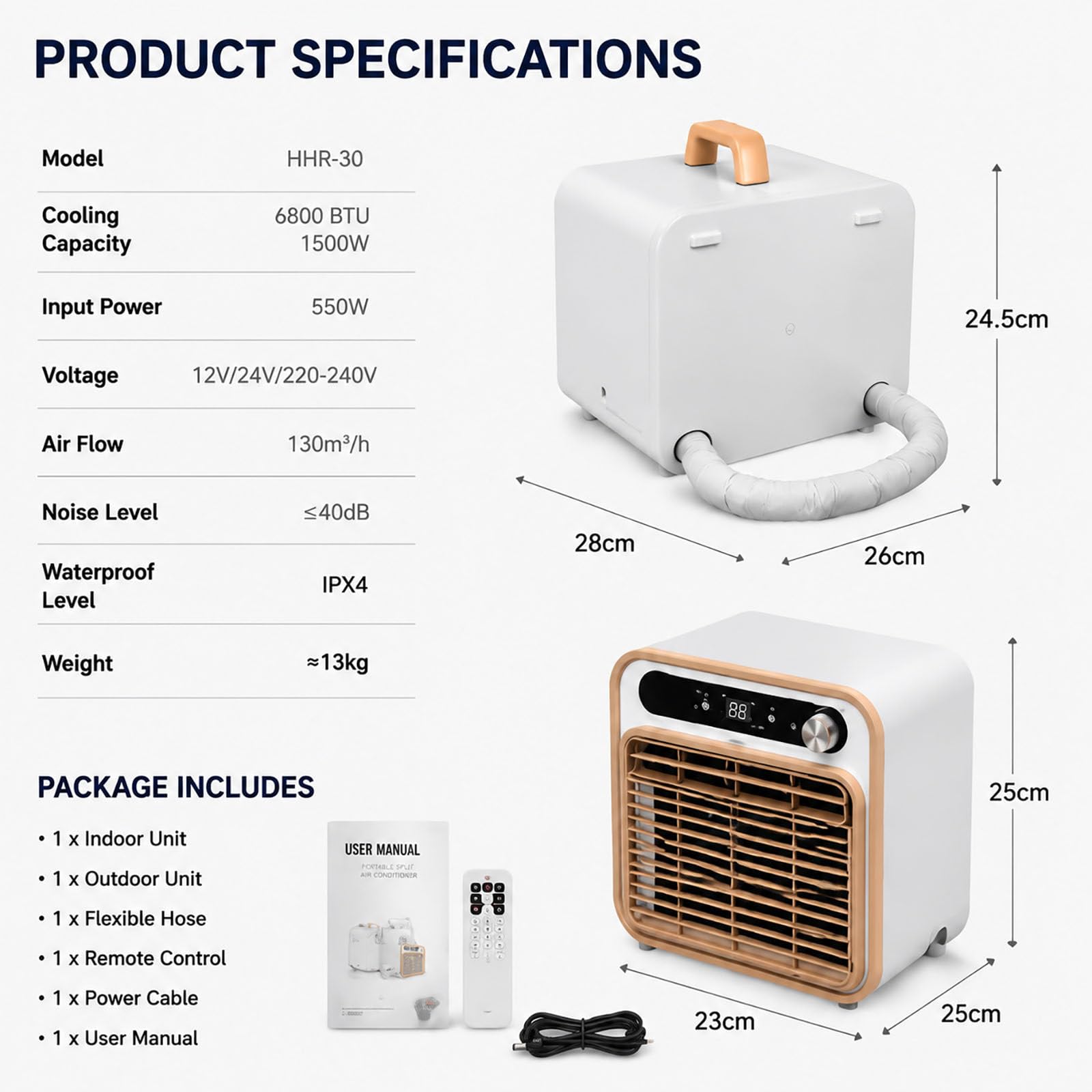 Condizionatore Portatile Split da 6800 BTU, climatizzatore Mobile Compatto con unità Esterna, Portata d'Aria di 130 m³/h, Telecomando; Ideale per Campeggio, roulotte, casa e Ufficio.