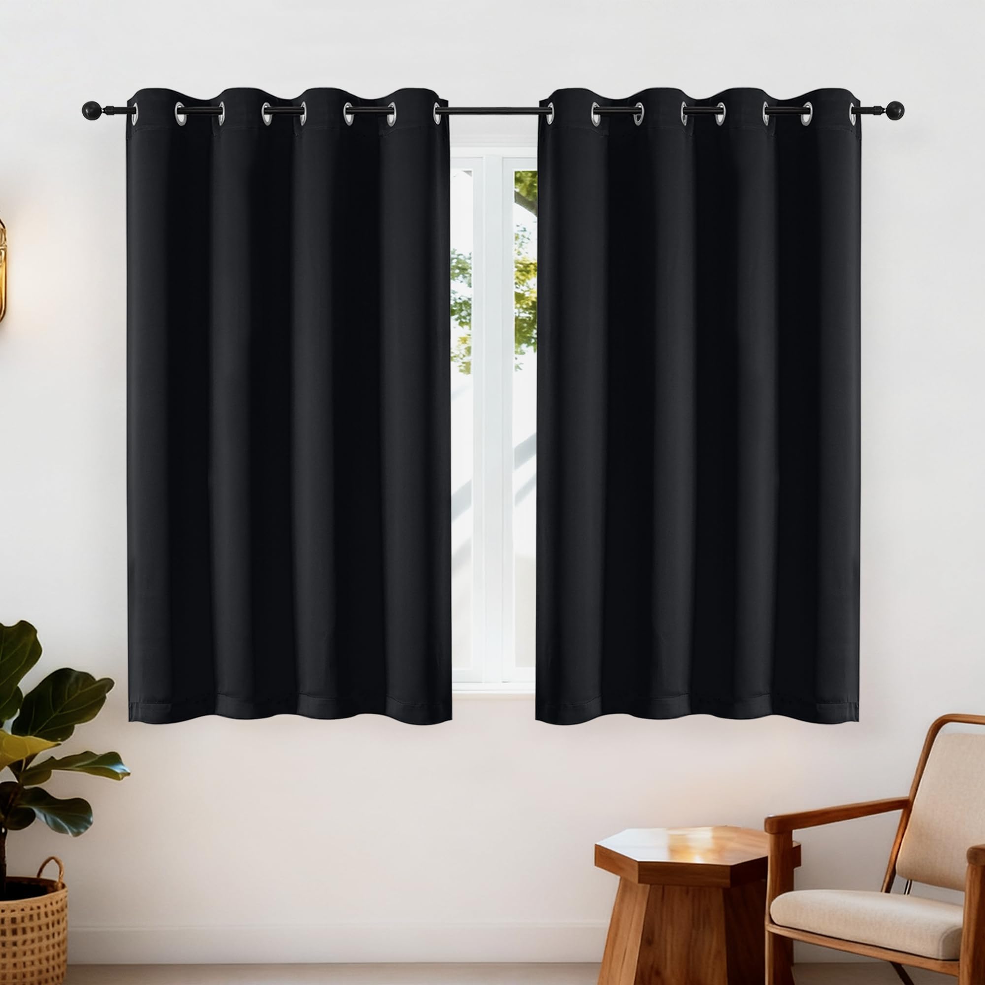 Simplebrand Ava Black Short Blackout Eyelet Curtains for Bedroom 122 cm Long 2 Panels Set, Solid Thermal Insulated, Energy Saving Window Treatment Halloween Blackout Drapes, W 140 cm x L 122 cm — image 1