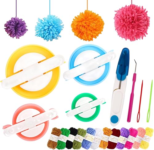 LOVEINUSA Juego de 20 piezas para hacer pompones, tejedor de bolas de esponja, juego de herramientas de tejer para niños, adultos, principiantes,